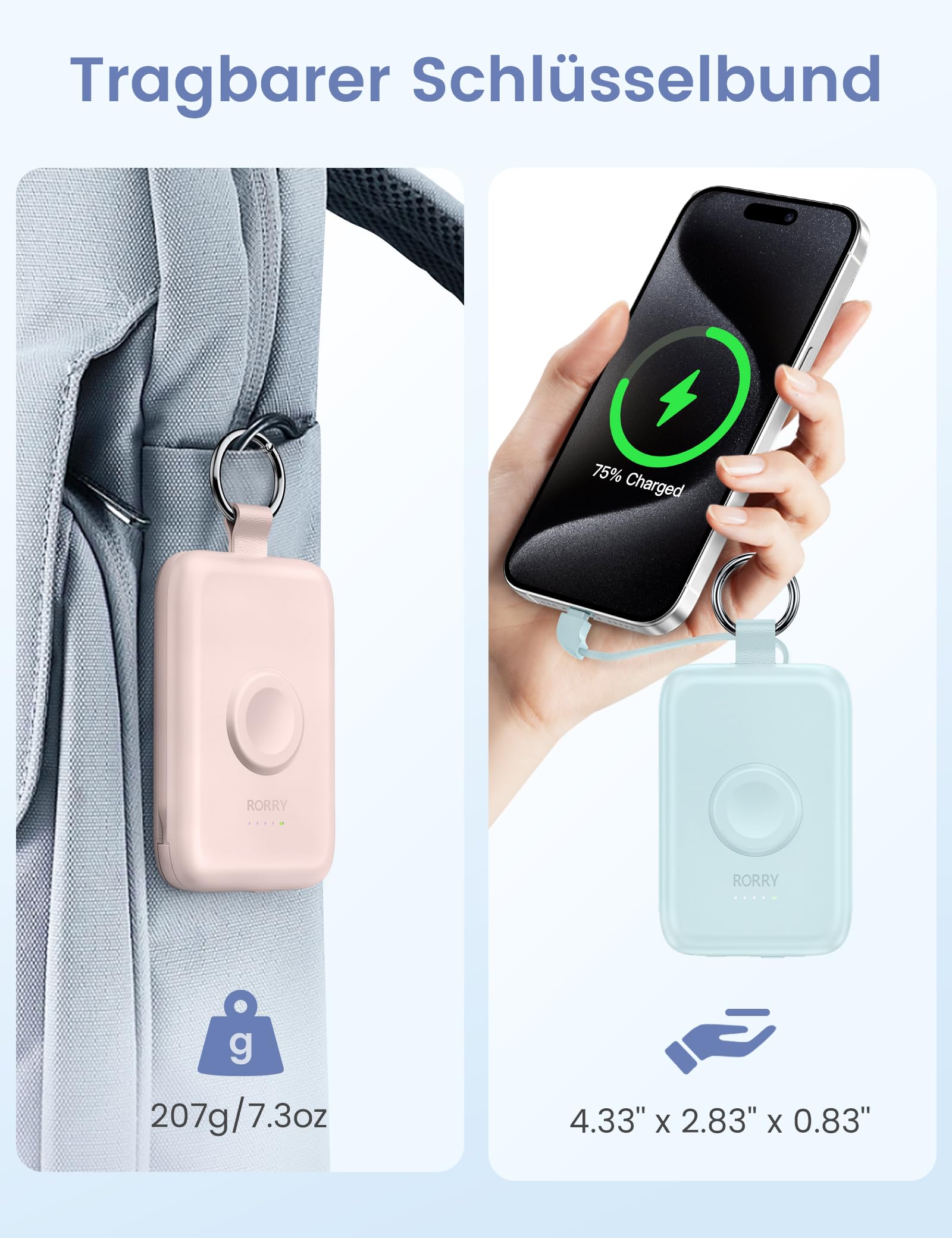 RORRY Cargador Portátil, 10000mAh PD 20W Carga Rápida Cargador Portátil Power Bank con Cables Integrados, Paquete de Batería de Viaje para iPhone 17/16/15/14/13/12 y Apple Watch Ultra/11/10/9/8/7/6/5