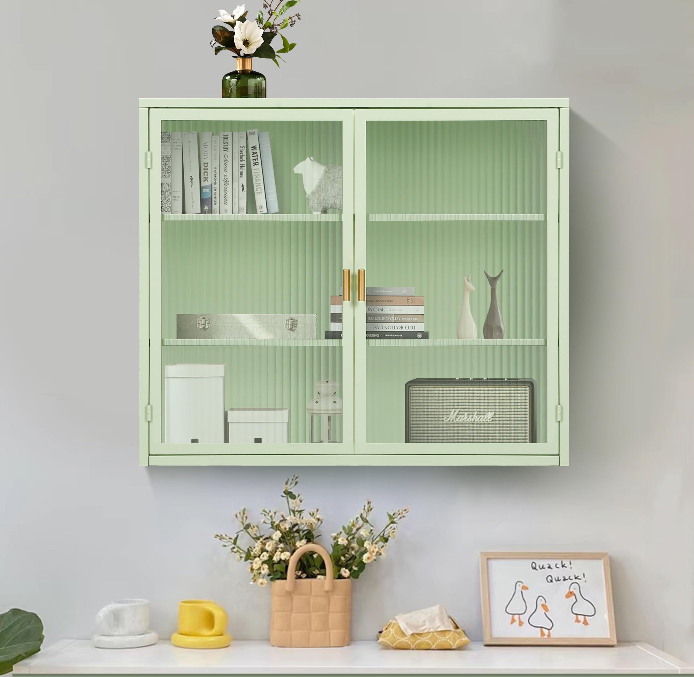 Metal Wall Cabinet with Glass Doors 3-Tier Wall Mounted Storage Cabinet with Detachable Shelves Modern Medicine Cabinet for Kitchen Bathroom Living Room, Mint Green