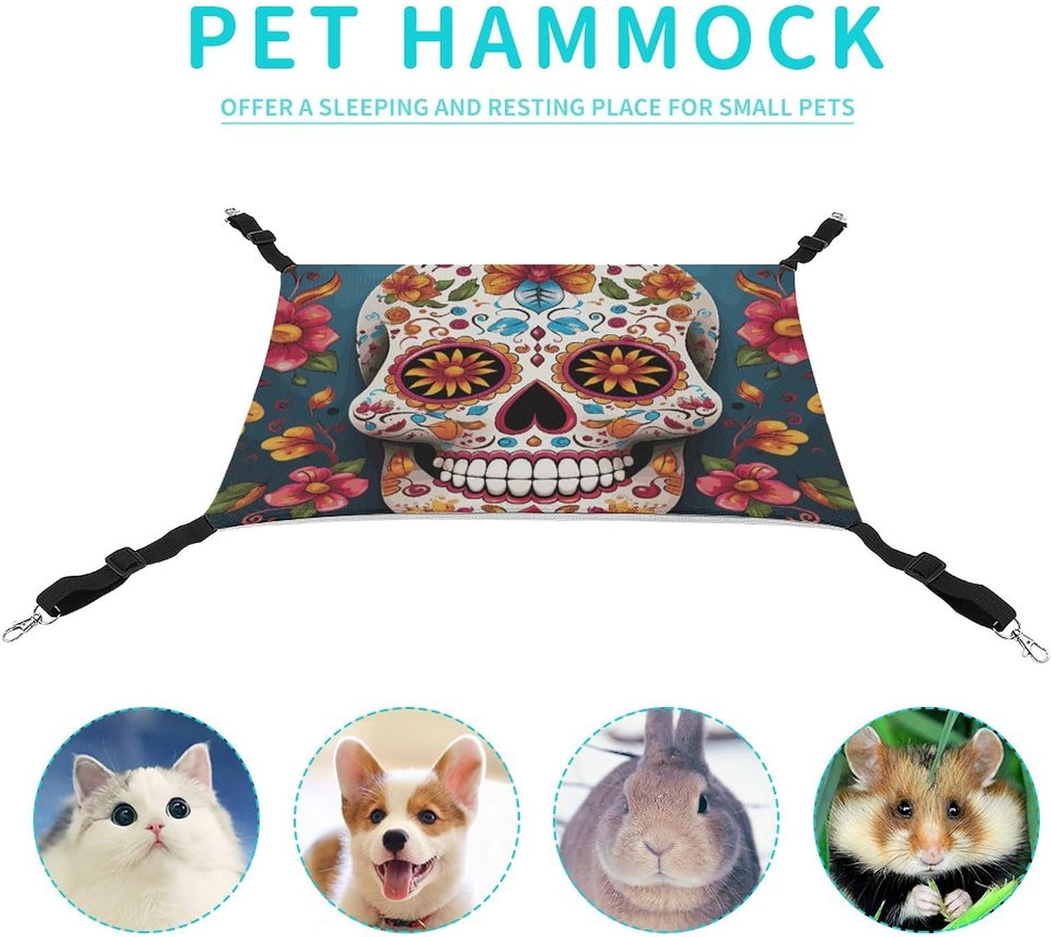 review Hanging Pet Hammock, Colorful Sugar Skull Printed Soft Breathable Pet Hammock with Adjustable Straps and Metal Hooks for Cats Small Dogs Rabbits Sugar Gliders