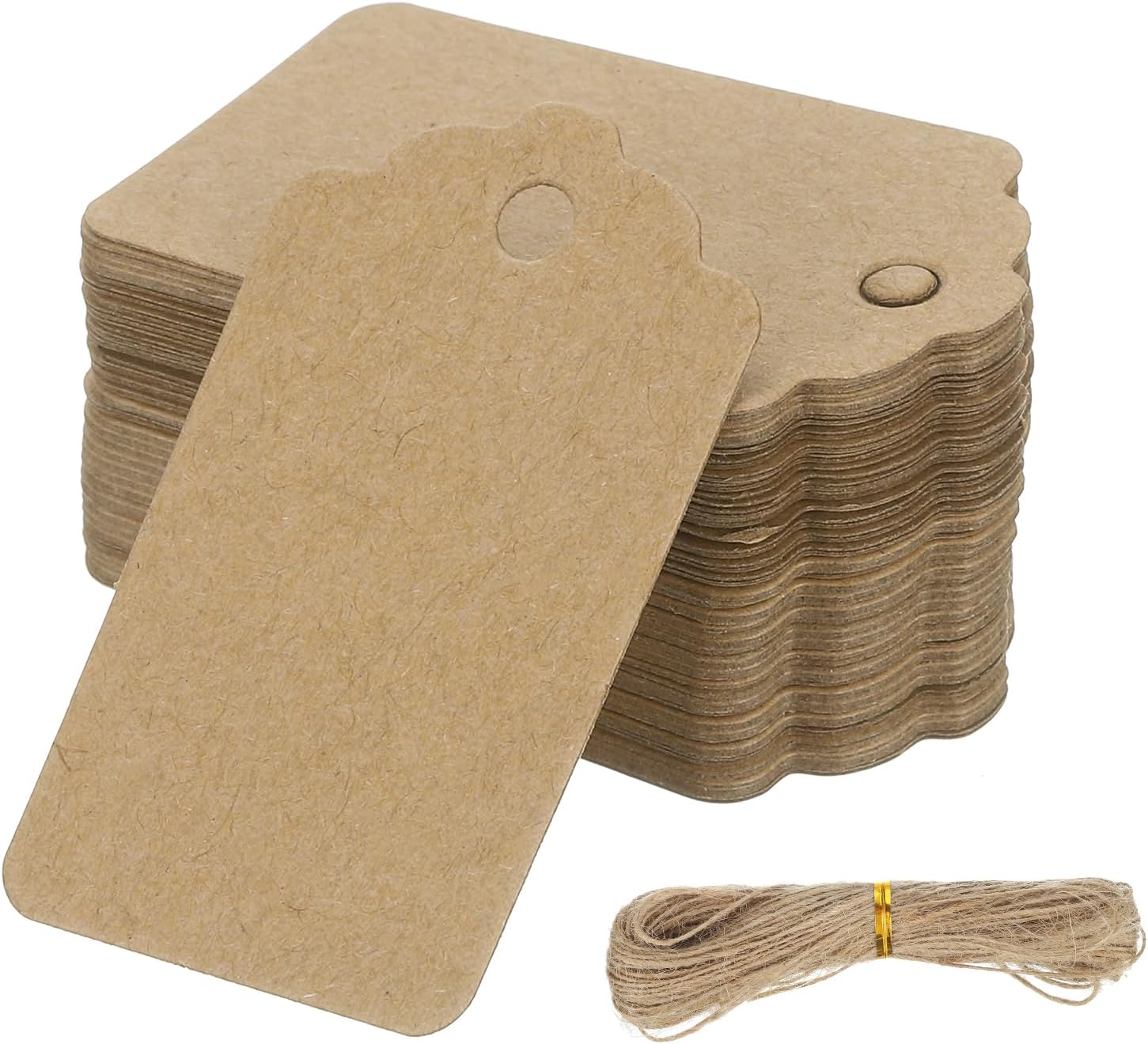 PATIKIL 100 Pcs Blank Gift Tags with String, 2x1.2 Inch Kraft Paper Tags Gift Bags Tags Rectangular Wave Label with Holes for Wedding Holiday Party Favor Clothes Craft, Brown