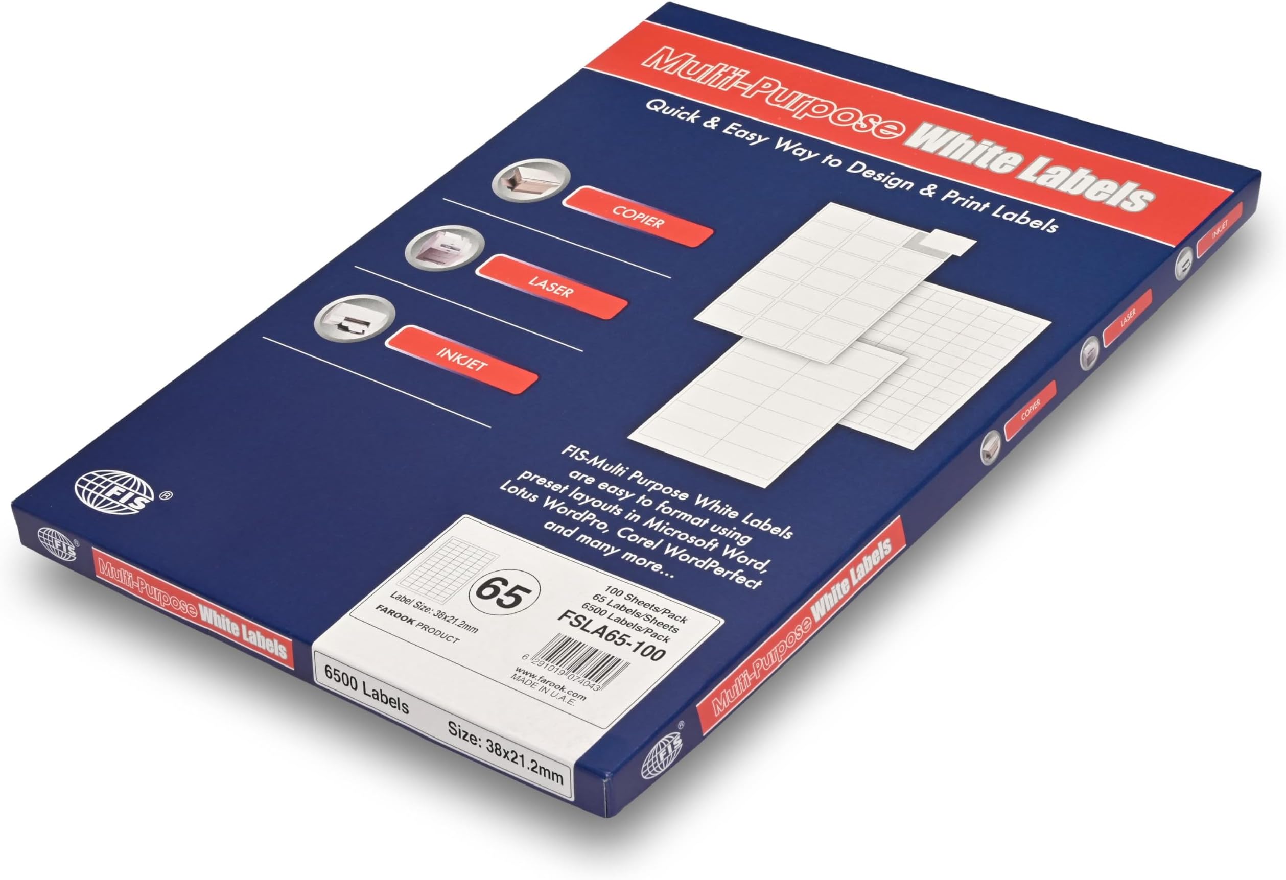 FIS Multi-Purpose Laser Labels, A4 Sheets (210x297mm), 38x21.2mm Stickers, 65 Labels per Sheet 100 Sheets (6500 Labels), Plain White Labels - FSLA65-100