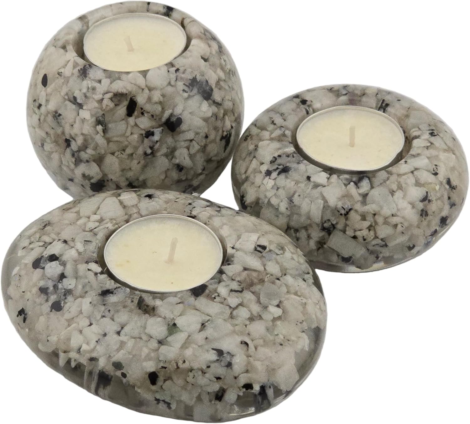 Natural Stone Tea Light Holder Set, 3-Piece Handmade Resin Candle Holders with Crystal Chips, Modern Meditation Home Decor (Ocean Jasper)