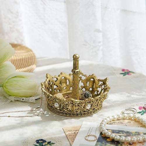 NIKKY HOME Vintage Ring Holder Jewelry Dish, Gold Crown Shaped Trinket Display Decorative Metal Tray Classy Birthday Christmas Gifts for Women