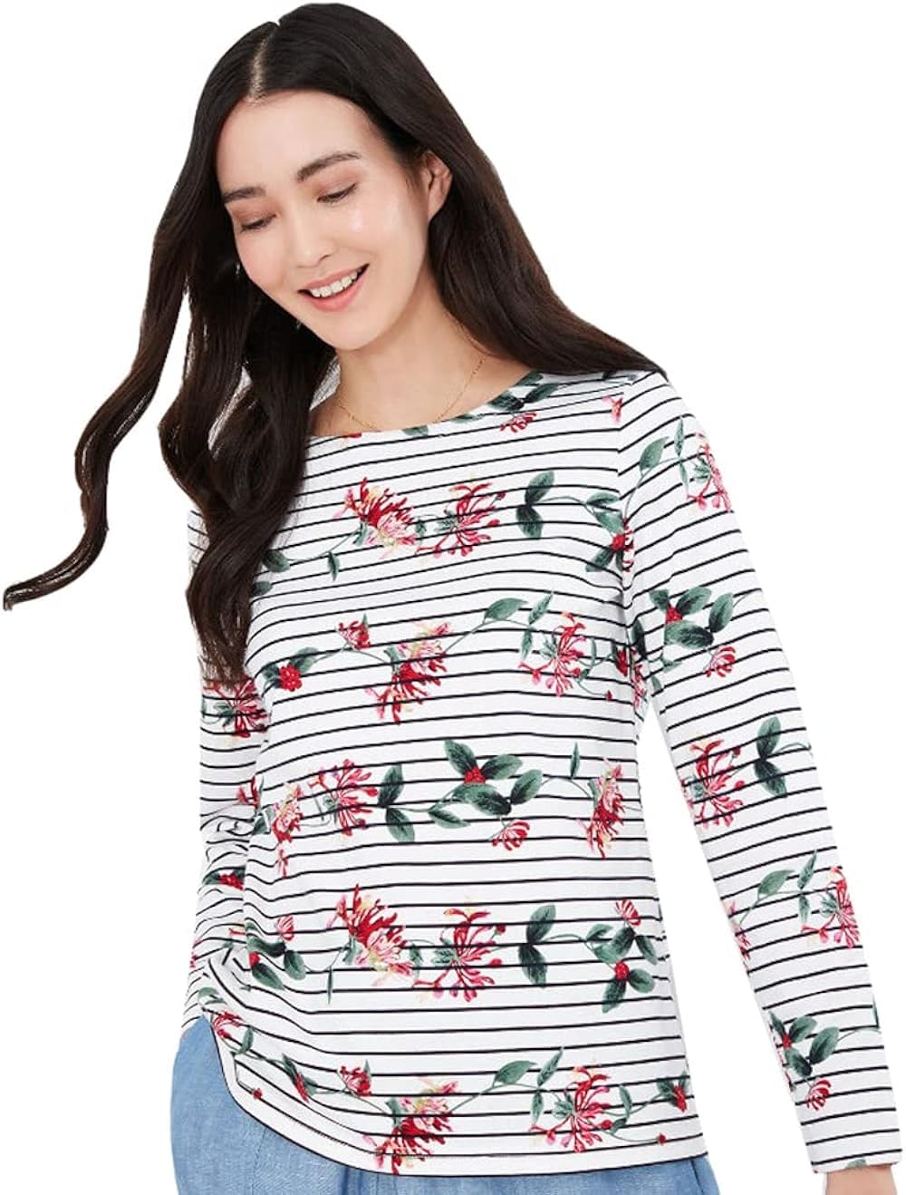 Joules Women's Cream Blue Stripe Harbour Print Long Sleeve Jersey Top - Floral Cream Stripe - 26