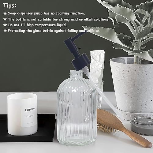Miniatura 6 de Dispensador de jabón de vidrio transparente con bomba, paquete de 2 dispensadores de jabón de baño de 13.5 onzas con rayas verticales para lavar a