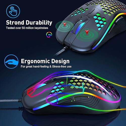 Miniatura 3 de JYCSTE Wired Gaming Mouse, Computer Mouse Ergonomic Mice Honeycomb Design with RGB Backlight, 6 Buttons, 7200 Adjustable DPI for PCMacLaptop