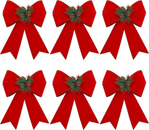 Miniatura 1 de MCEAST Paquete de 6 lazos de corona de Navidad de terciopelo rojo para decoración de árbol de Navidad, guirnalda de árbol de Navidad, decoración