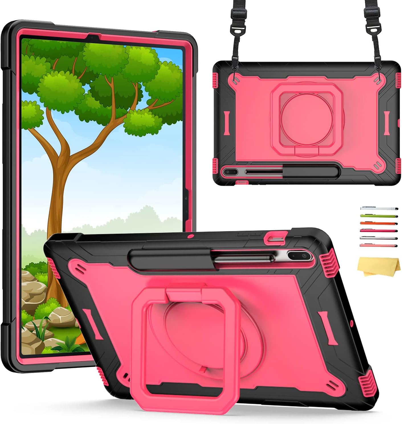 Stand Case for Samsung Galaxy Tab S8 Plus 2022/Tab S7 FE 5G 2021/Tab S7 Plus 2020 12.4 inch 360 Degree Rotating Kickstand,with Hand/Shoulder Strap Rugged Shockproof Cover, Black & Rose Red