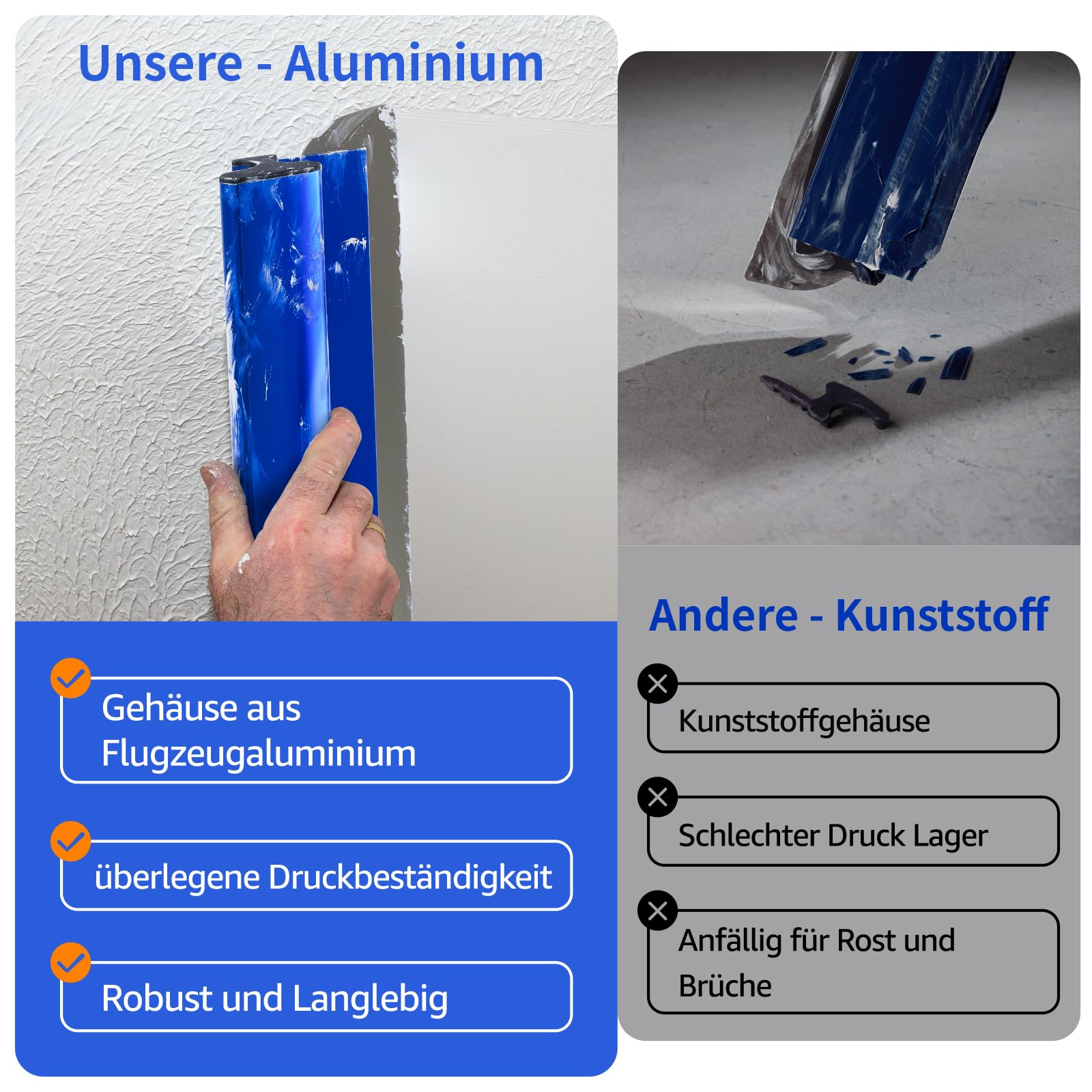 KEZERS Flächenspachtel Set 4-teilig (20 30 40 80cm) | Spachtel Werkzeug im Koffer, Ergonomischer Griff, Teleskopstange, Zum Verputzen von Wänden und Decken
