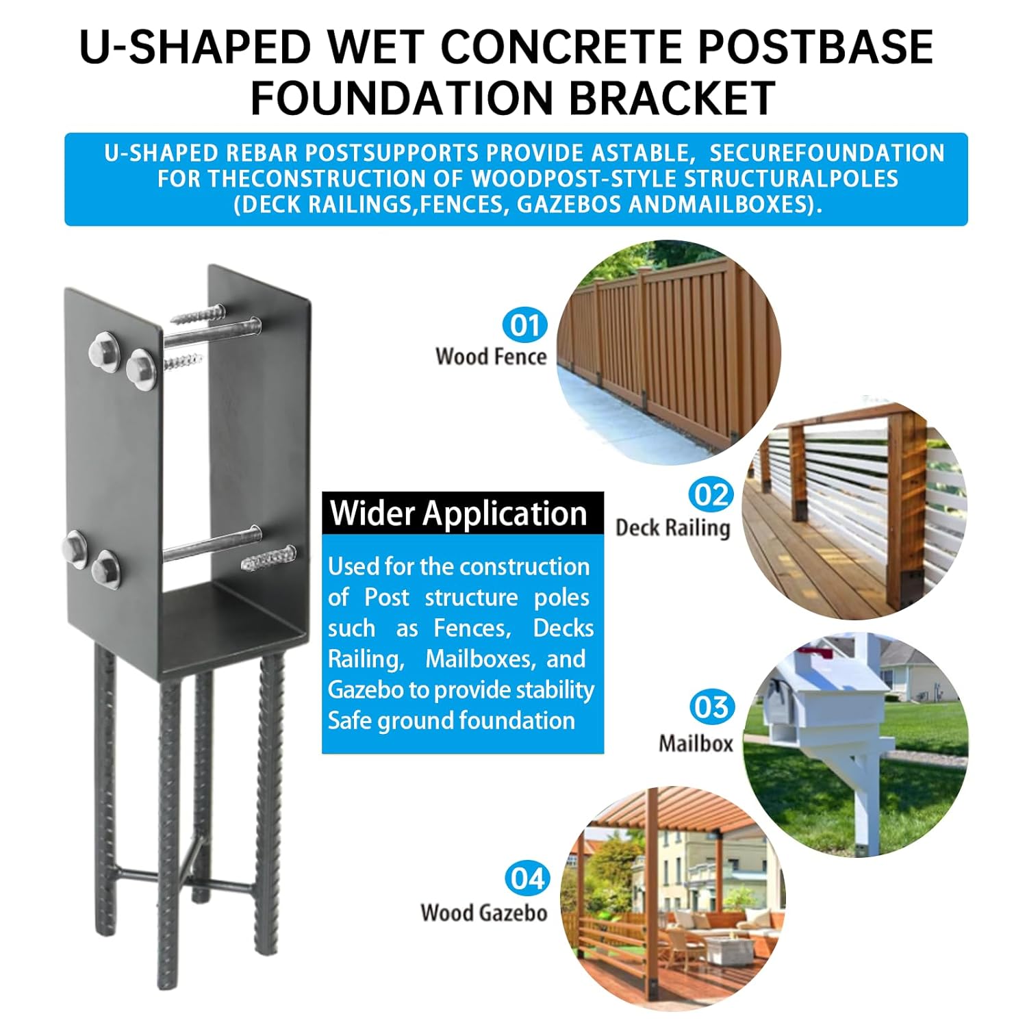 [Pack of 4] 4"x4" Heavy Duty Post Base for Concrete (Actual 3.5"x3.5"),Stainless Steels U-Shape Post Holder,Wet Concrete Foundation Post Base ,for Deck Railing,Fences,mailboxes,Pergola.