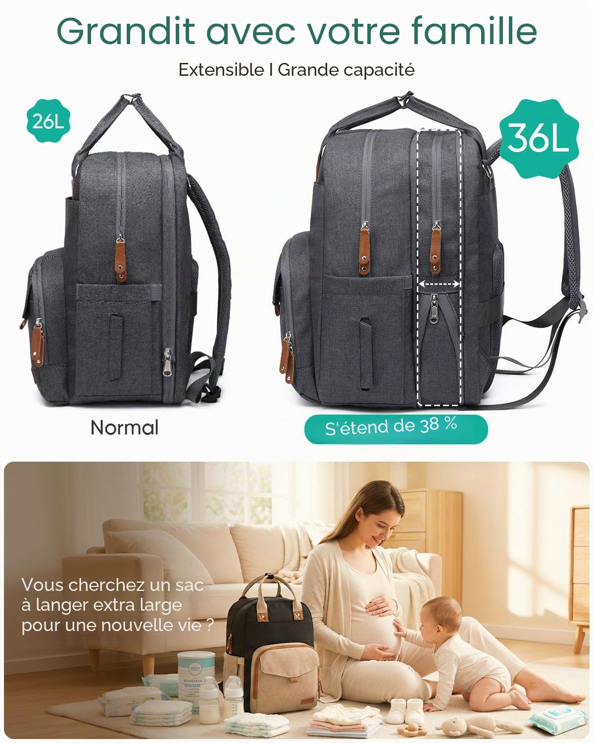 Qualyphant Expandable-Diaper-Bag Sac-à-Couches Extensible Mixte