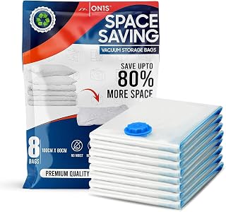 ON1S Vacuum Storage Bags - Vacuum Storage Compression Bags With Double-Zip Seal Airtight Valve | Space Saver Bag for Travel Clothes, Sweaters, Dress, Coats, Duvets, Pillows, Blankets (Jumbo 8 Pack)