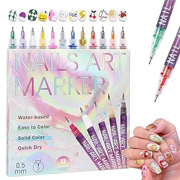 12 Colors DIY Nail Art Pens Set | 0.7mm Ultra Fine Nail Art Marker Pens | Quick Dry Waterproof Nail Polish Pens for DIY Nail Painting | Nail Art Kit for Women & Kids
