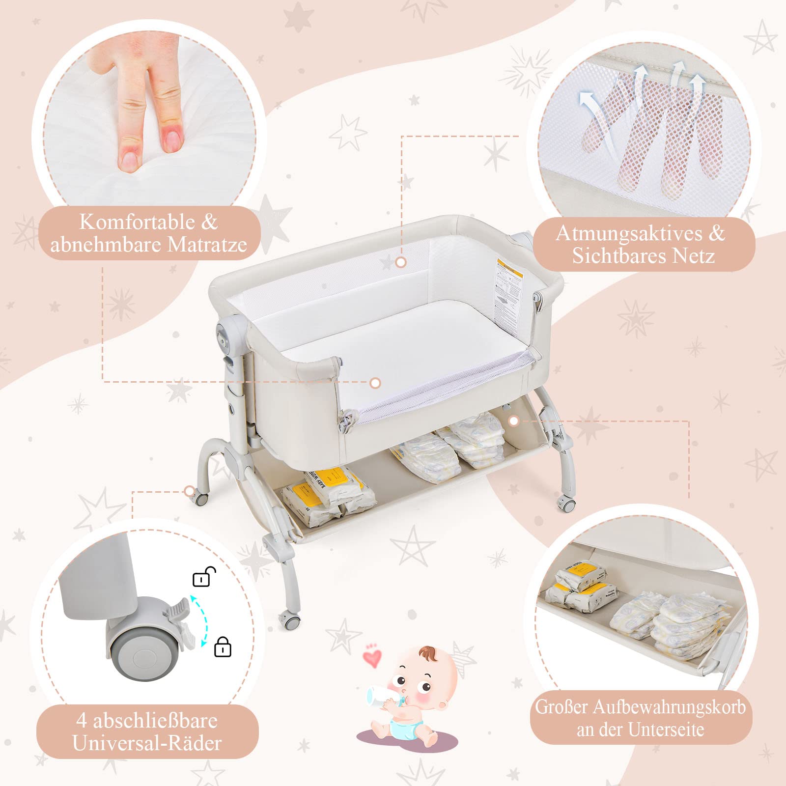 GOPLUS Baby Beistellbett, 3-in-1-Babywiege mit Matratze & Tragetasche & Aufbewahrungskorb, 7-Fach höhenverstellbares Babybett, neigbarer Stubenwagen für Neugeborene bis 9 kg Belastbar (Beige)