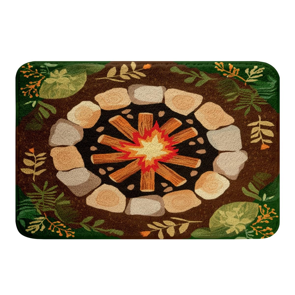 Feelyou Kids Campfire Bath Rug 16"x24" Green and Brown 3D Printed Design Non Slip Absorbent Bath Mat Shower Tub Woodland Forest Themed Bathroom