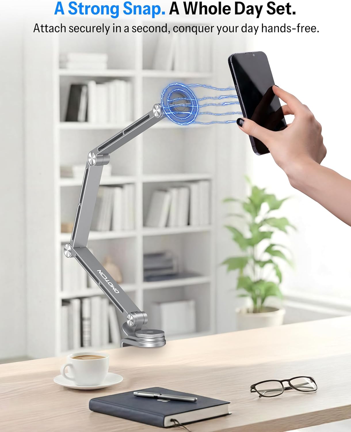 OMOTON Tablet Stand for iPad with 360° Rotation, GH04 Aluminum Alloy Long Arm Phone Mount with Magnetic Phone Head & Plastic Tablet Clamp, Adjustable Holder for 4-13" iPad Pro/iPhone, Grey