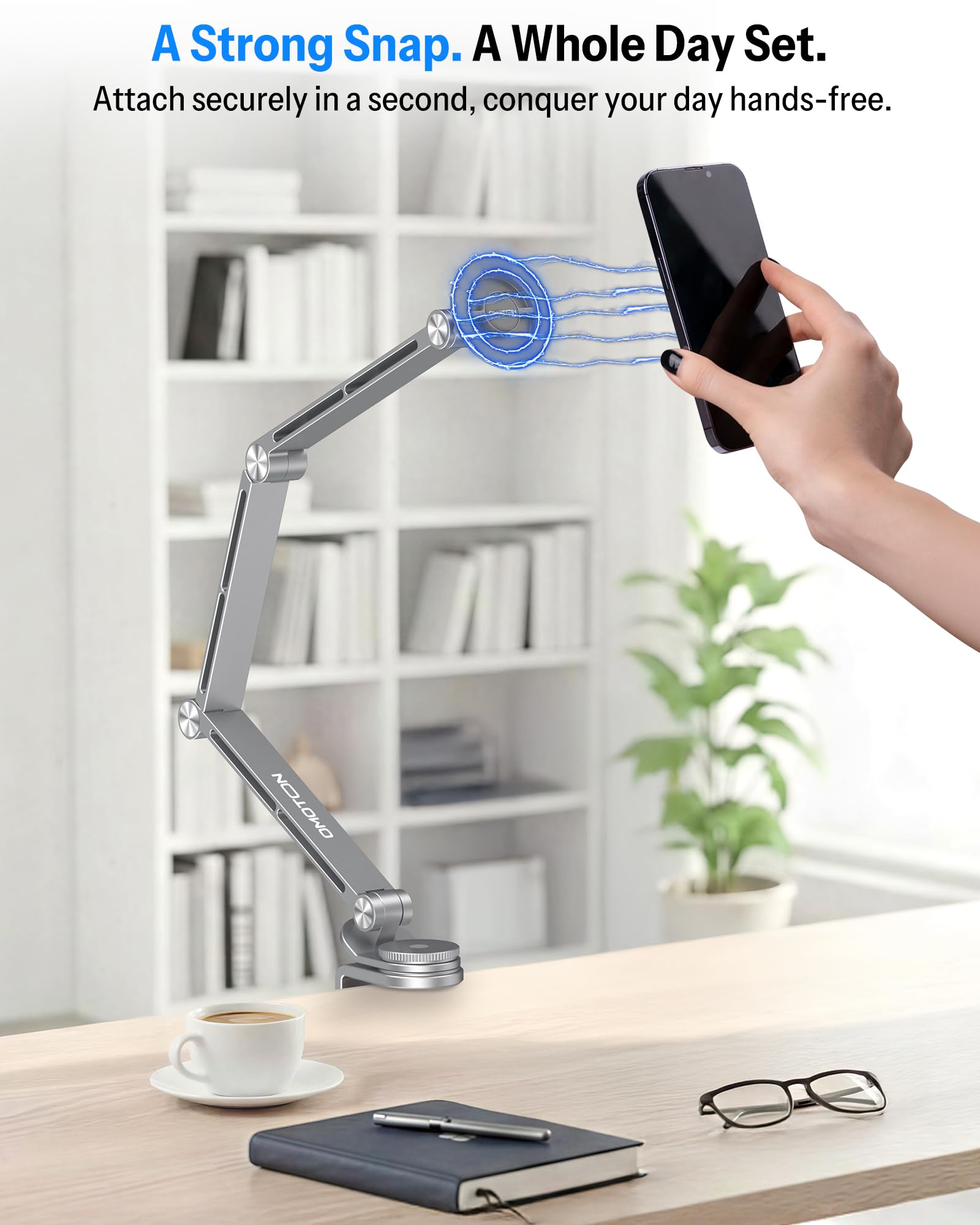 OMOTON Supporto per tablet regolabile per scrivania, supporto per tablet in lega di alluminio per iPad, supporto per telefono girevole a 360° con 2 morsetti, supporto per telefono per letto con