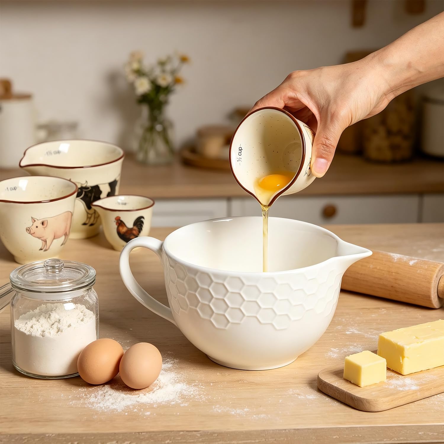 Sizikato Set di misurini in ceramica, 4 tazze in ceramica per cucinare e cuocere, simpatici motivi di animali