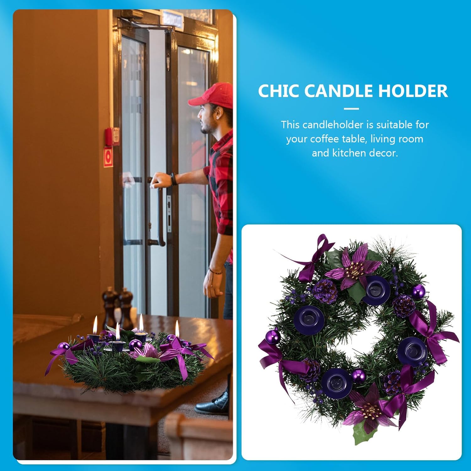 KICHOUSE Creative Christmas Wreath Candleholder 30cm Purple Vintage Candlestick Decorative Wedding Centerpiece Seasonal Home Décor