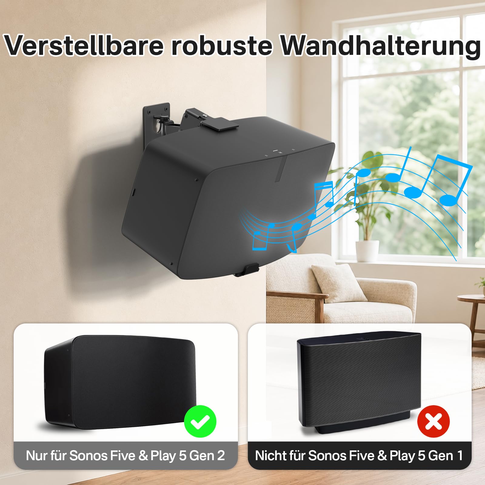 Supporti da parete per altoparlanti Sonos Five & Sonos Play 5 Gen 2, inclinabili e orientabili, struttura in metallo stabile fino a 15,9 kg, con cuscinetti antigraffio, materiale di fissaggio a parete