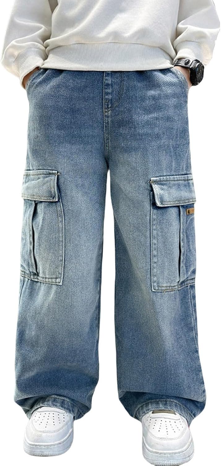 Girl's Baggy Jeans Print Wide Leg Denim Pants Athletic Cargo Pants Streetwear 7 to 14Y