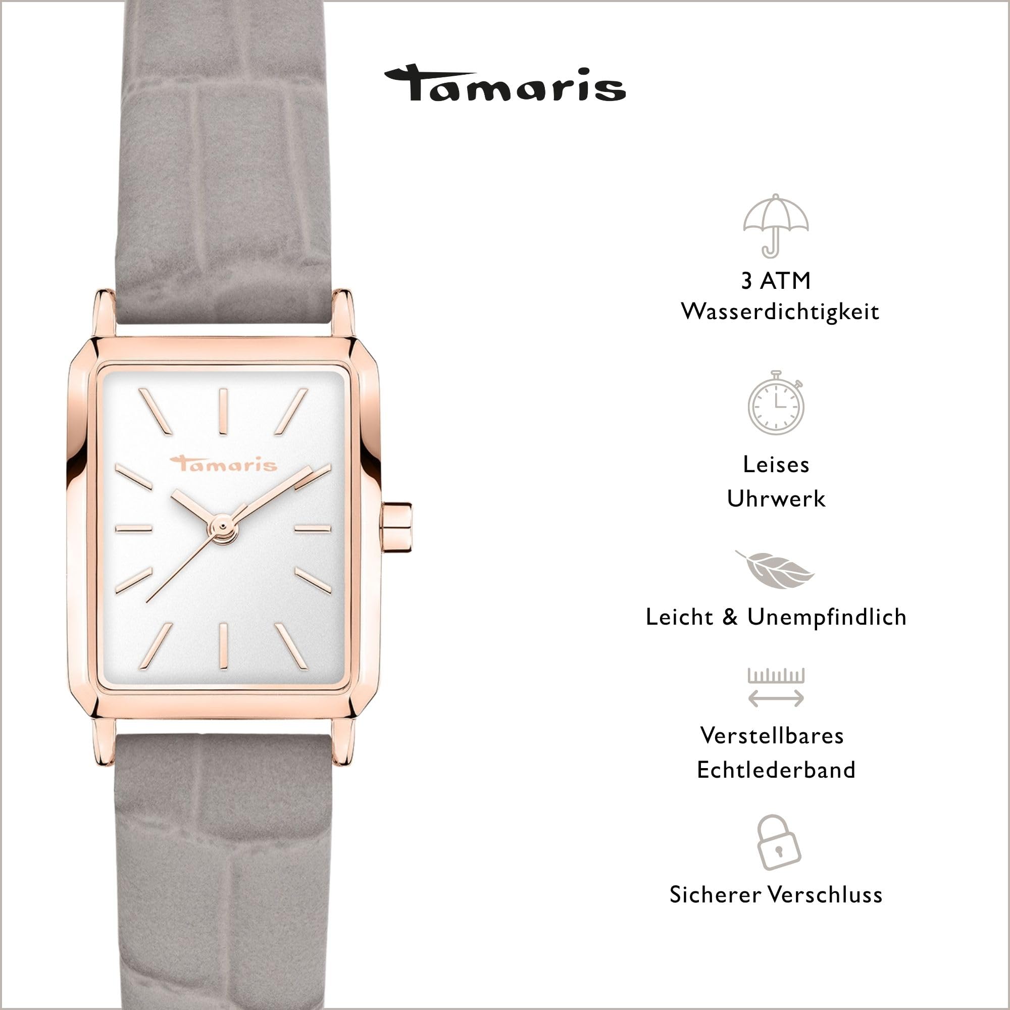 Tamaris Damen Armbanduhr eckige Quarzuhr