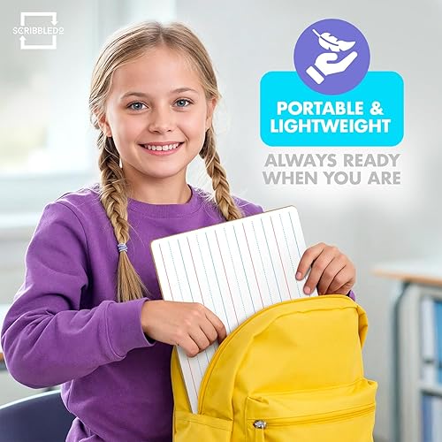 Miniatura 8 de Scribbledo Paquete de 10 pizarras blancas de doble cara forradas para niños, pizarra de escritura a rayas para niños, pizarra blanca pequeña,