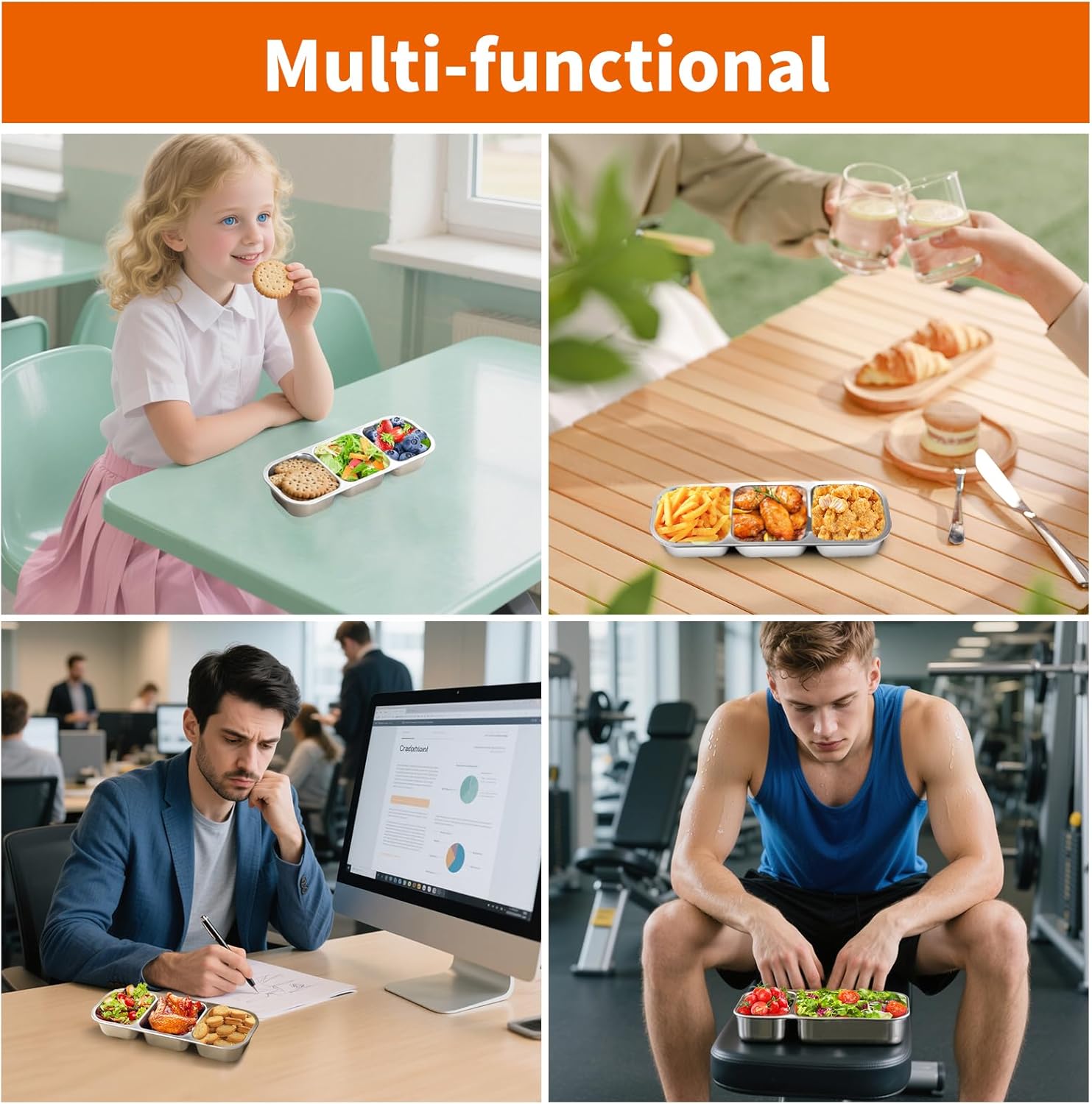 2Pack Stainless Steel Snack Containers, Double/Three Compartment Sauce Cups,Reusable Condiment Box with Lids, Divided Food Storage Containers for School, Home, Travel (2 Compartment + 3 Compartment) - Image 8