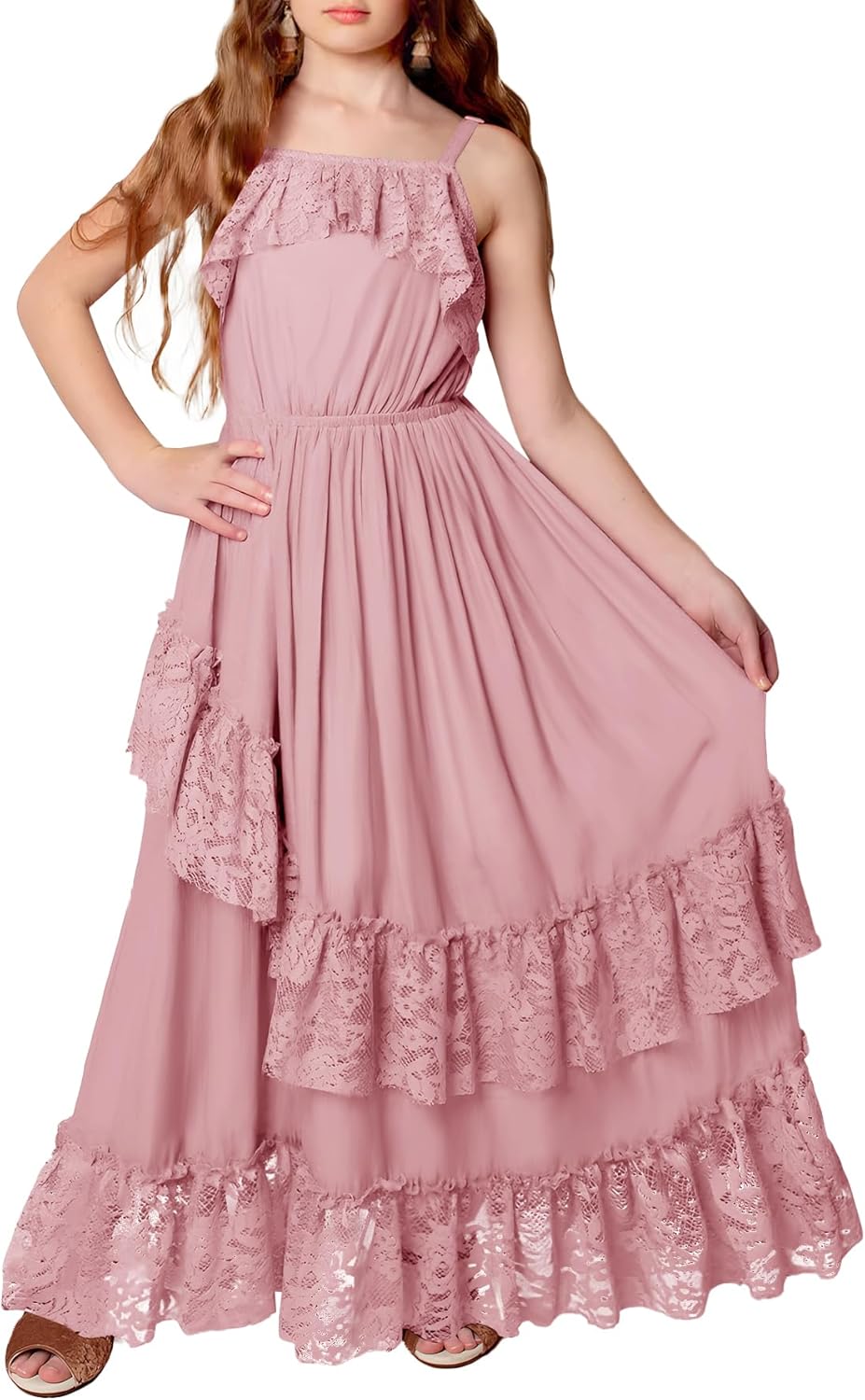 MITILLY Girls Boho Lace Flower Dresses Spaghetti Strap A-Line Ruffle Tiered Flowy Wedding Party Maxi Dress with Pockets