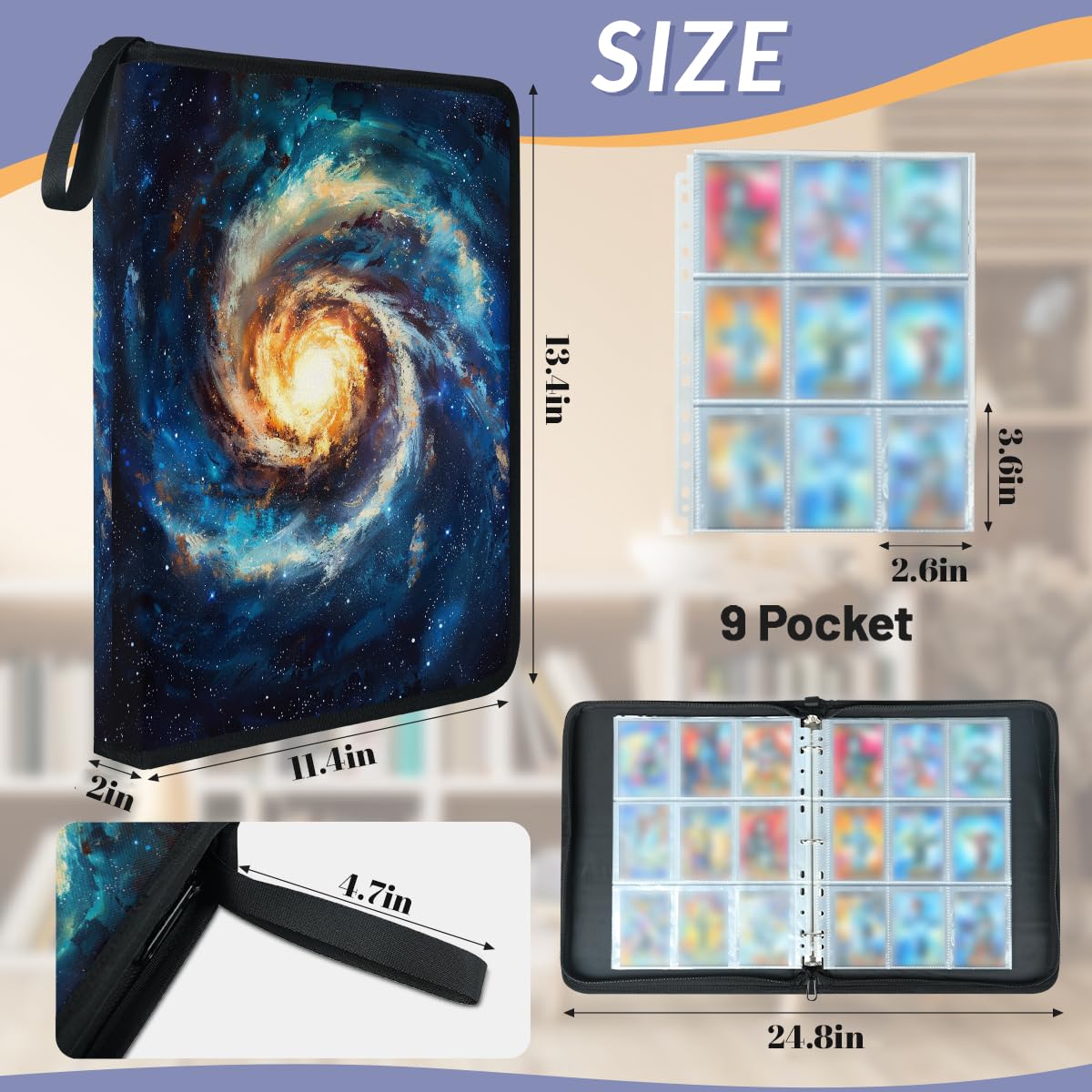 Mexpekil Space Cloud Galaxy - Raccoglitore di carte con 9 tasche con 50 pagine a caricamento laterale, per 900 carte, con cerniera, impermeabile, porta carte
