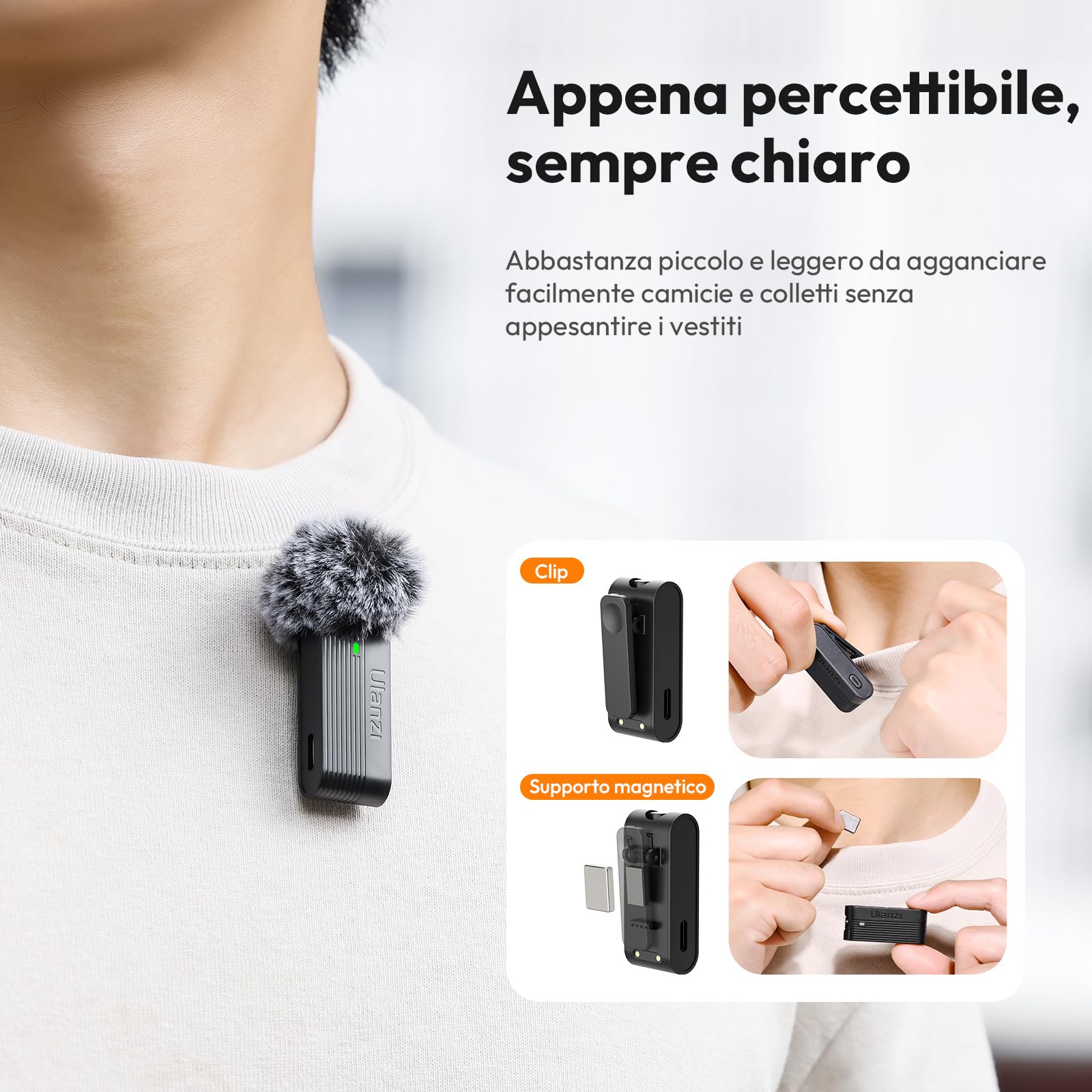 ULANZI A100 Microfono Lavalier per Cellulare e Fotocamera, Mini Microfono USB C, Durata Batteria 13.5H, Microfoni Bluetooth Portatile per Video, Live Streaming, YouTube, TikTok, Vlog, Interviste