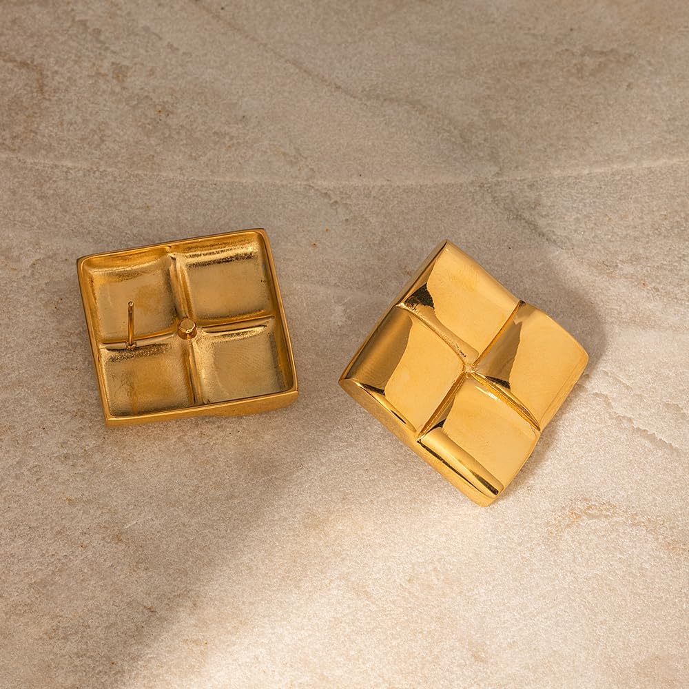Gold Chunky Rectangle Statement Earring,Simple Silver Large Square Stud Earrings,Geometric Trendy Button Earring Simple Jewelry Gifts for Women - Image 5