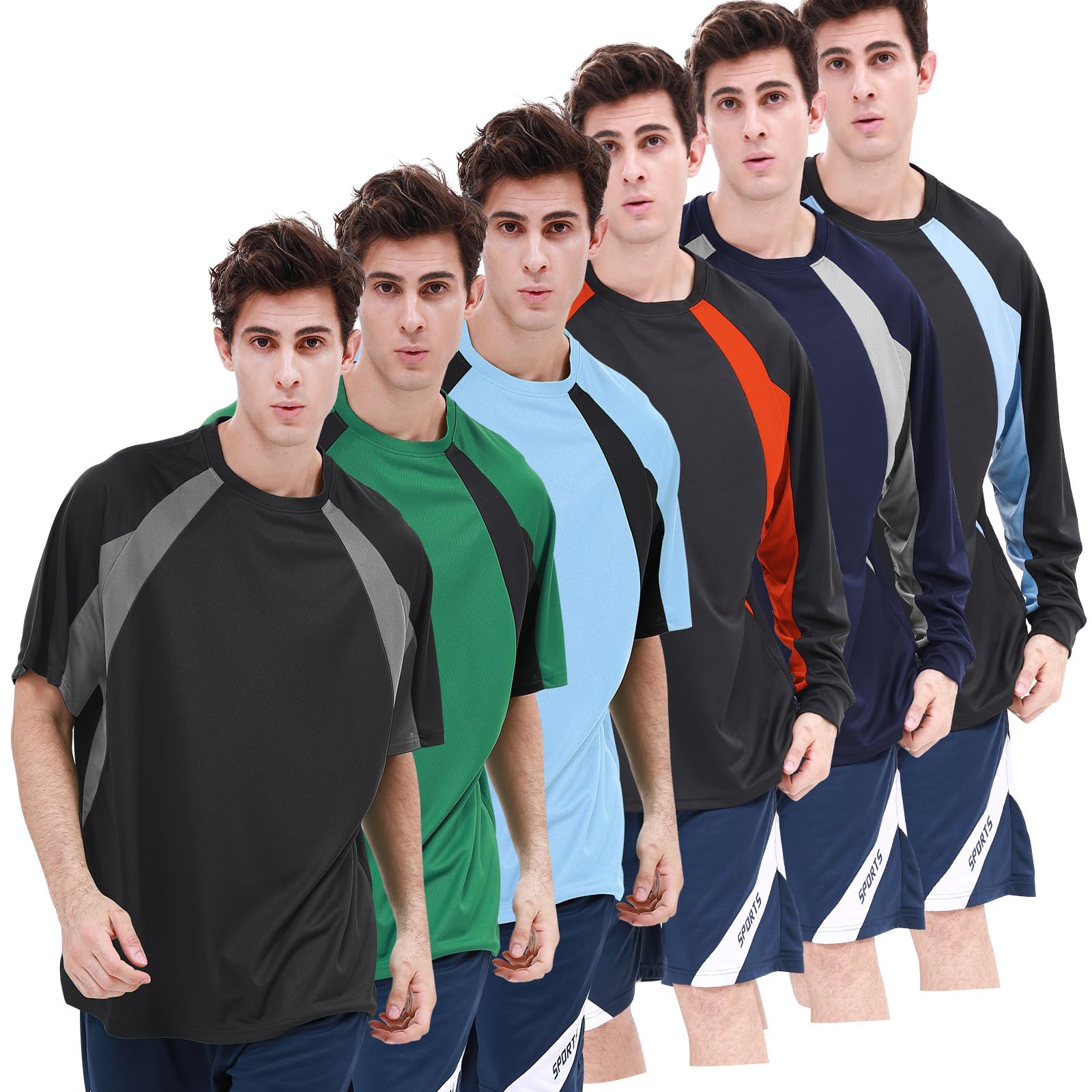 Paquete de 6 camisetas activas de secado rápido con cuello redondo para hombre [3 cortas + 3 mangas largas] para correr, gimnasio, entrenamiento, protección solar