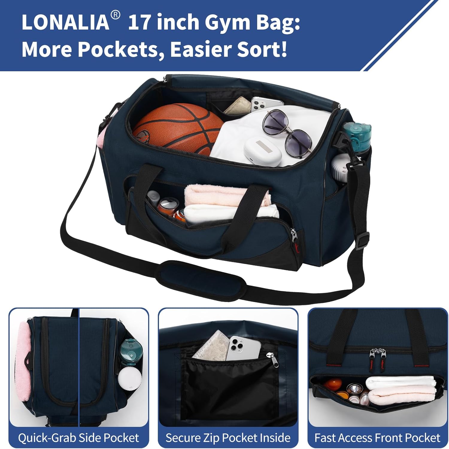 30L Gym Sport Duffle Bag - 17 inch Carry on Weekender Overnight Bag for Travel, Workout, Fitness (Navy Blue-30L)