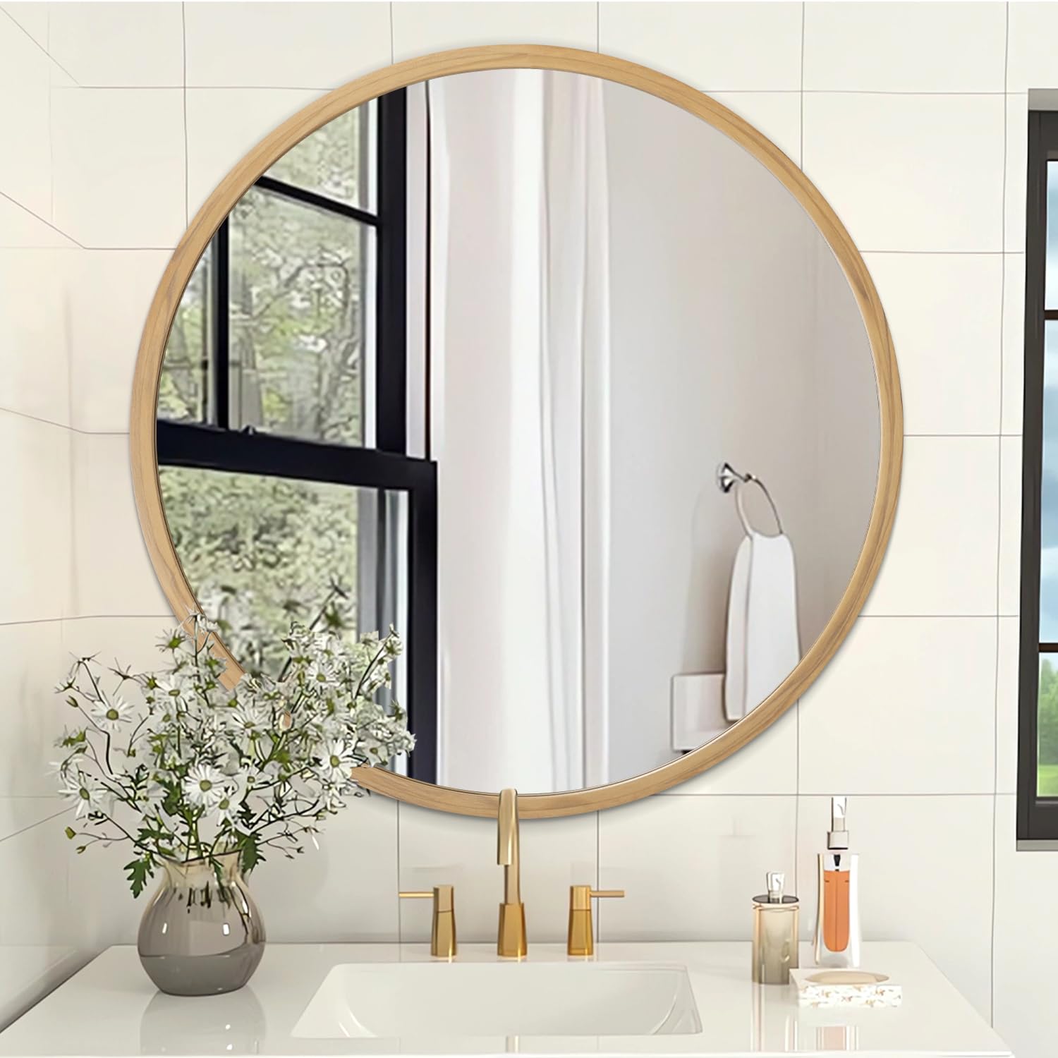 AOAOPQ Wall Mount Mirror for Bathroom Brushed Metal Framed Round ative Hanging Small Natural Woodgrain Mirrors for Home Living Room Bedroom