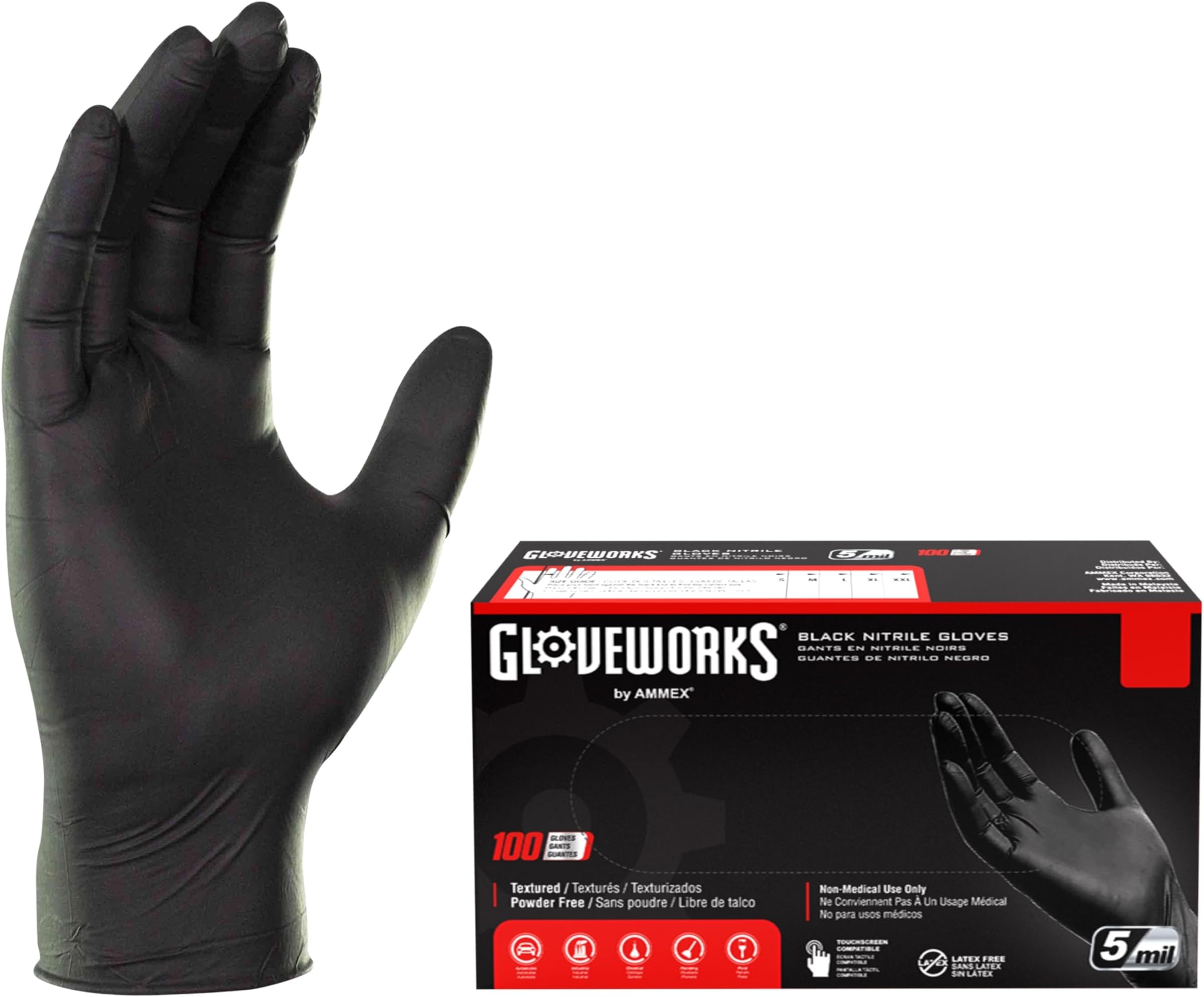 [Gloveworks] Industrial Nitrile Gloves - Latex Free Powder Free Textured Disposable Gloves (Box of 100 Gloves, 5 mil (0.13mm) Thickness, Black, Medium