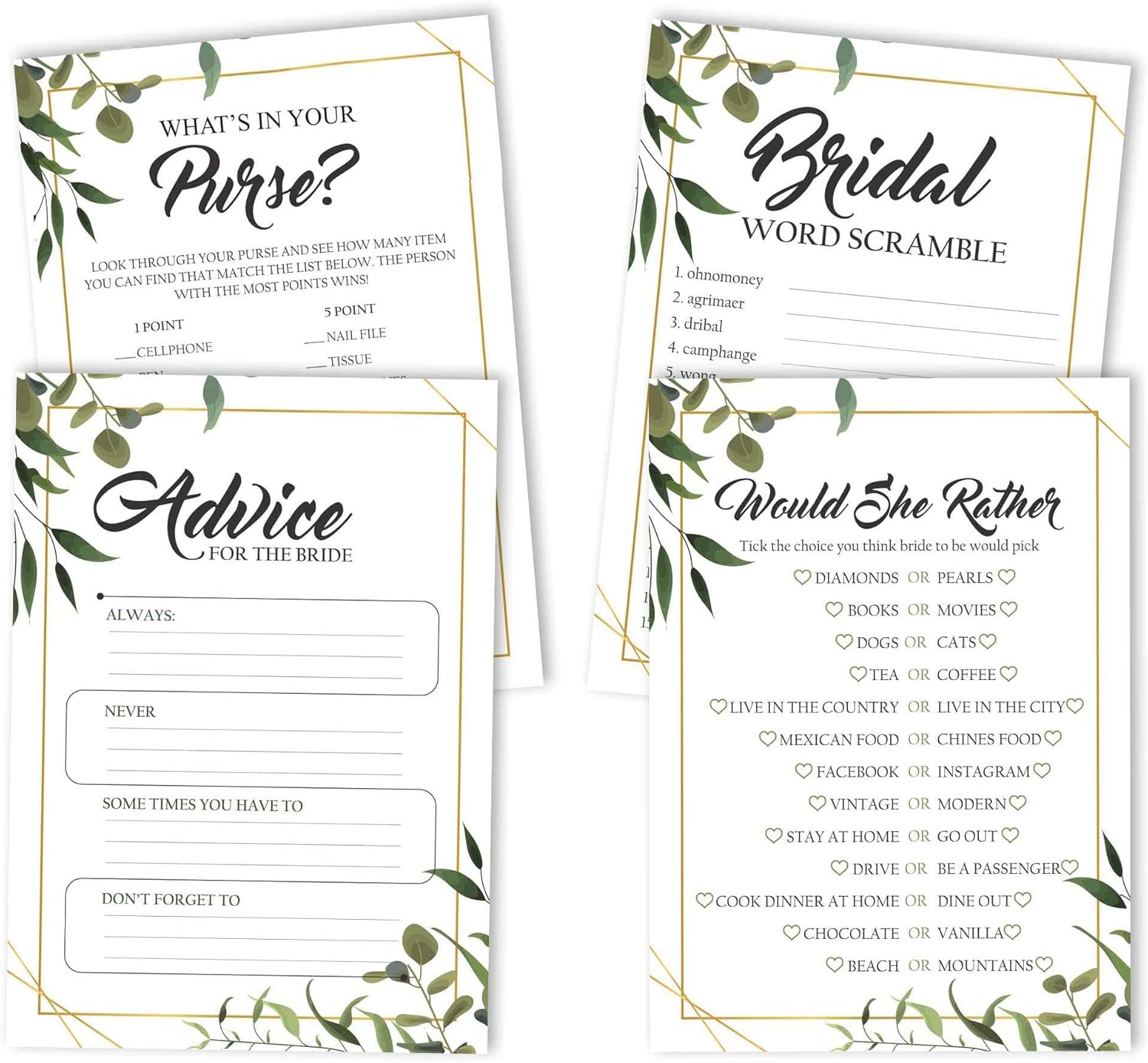 Greenery Bridal Shower Games Set of 4(50 Sheets Each) Fun Bachelorette Party Games Set Bundle