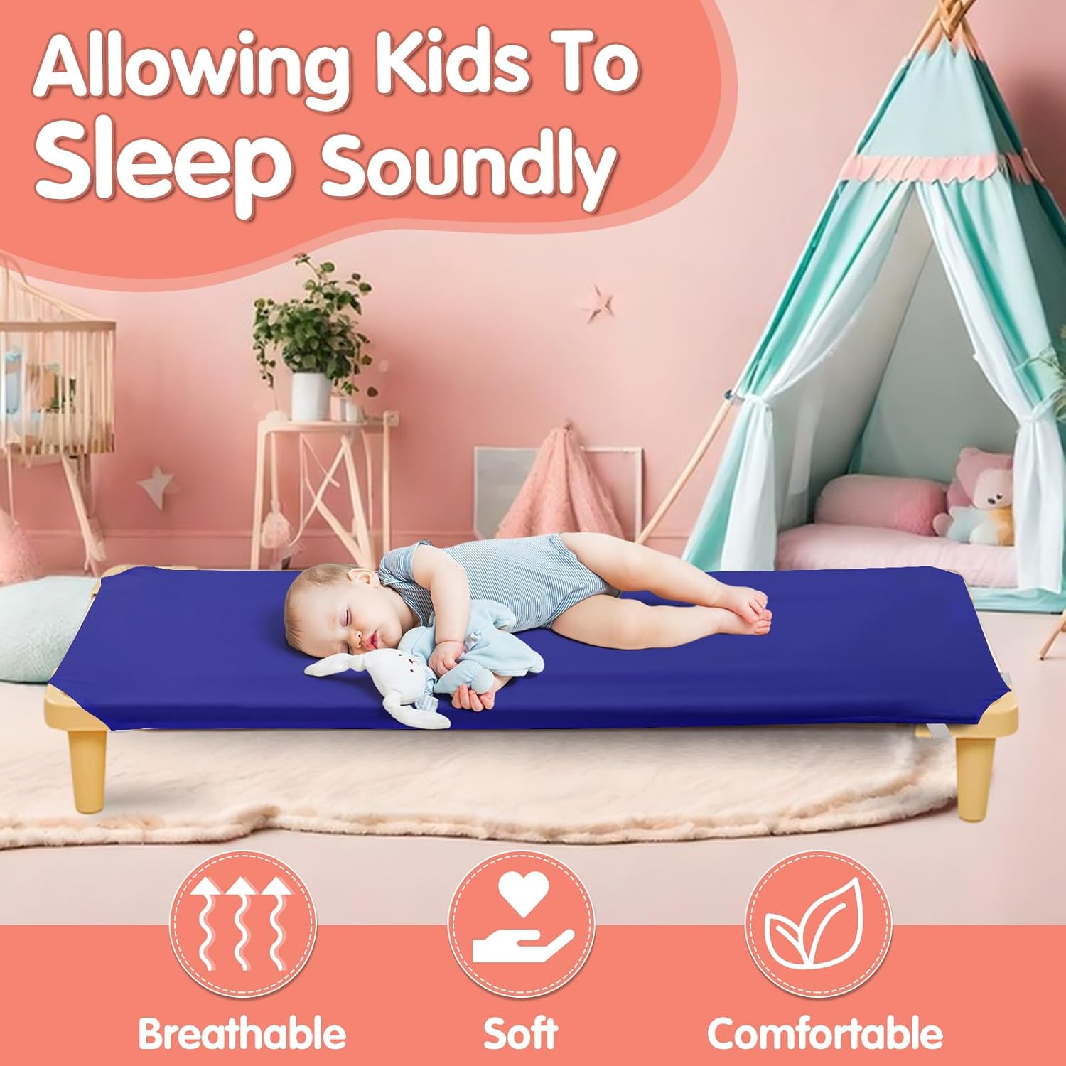 RowinsyDD 10 Pcs Cot Sheets for Daycare, 23"" X 51"", Blue Daycare Cot Size Sheet with Corner Elastic Loops for Child Boys Girls, Daycare Essentials for Toddler and Preschool, Breathable Microfiber