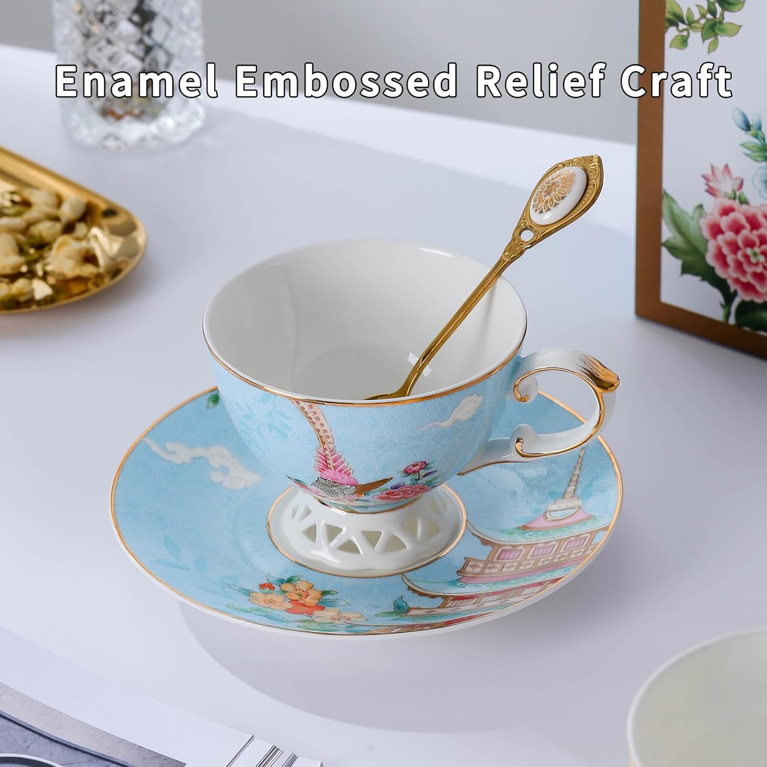 Blue Tea Cup and Saucer Set, Bone China Tea Cup and Saucer with Spoon, Porcelain Floral Teacup Set with Gold Trim, Dishwasher Safe, Food Grade, Gift for Women, Mom, Friends, 6.8 oz - Image 5