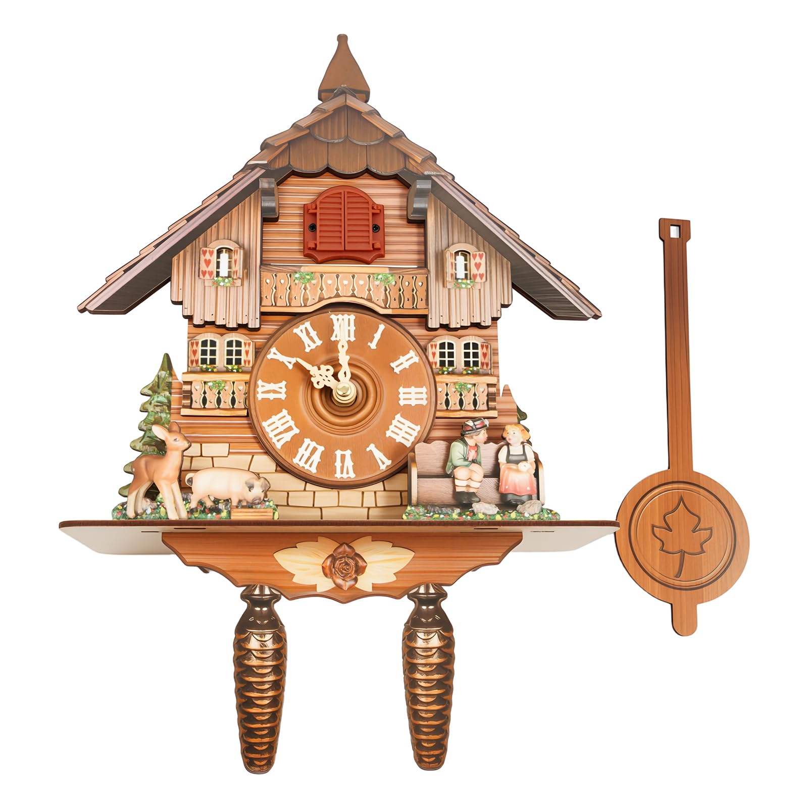 Reloj de cuco hecho a mano, reloj de pared, estilo europeo de la Selva Negra, reloj de cuco, decoración de la Selva Negra, con movimiento de cuarzo y llamada de cuco, MTZXL-6544-DKTD