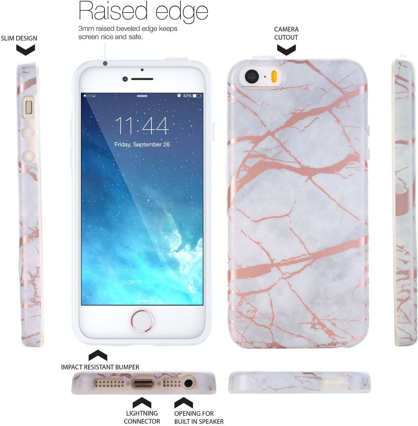iPhone SE Case,iPhone 5/5S Case,DOUJIAZ Gray Rose Gold Marble Design Clear Bumper TPU Soft Case Rubber Silicone Skin Cover for Apple iPhone 5/5S/SE