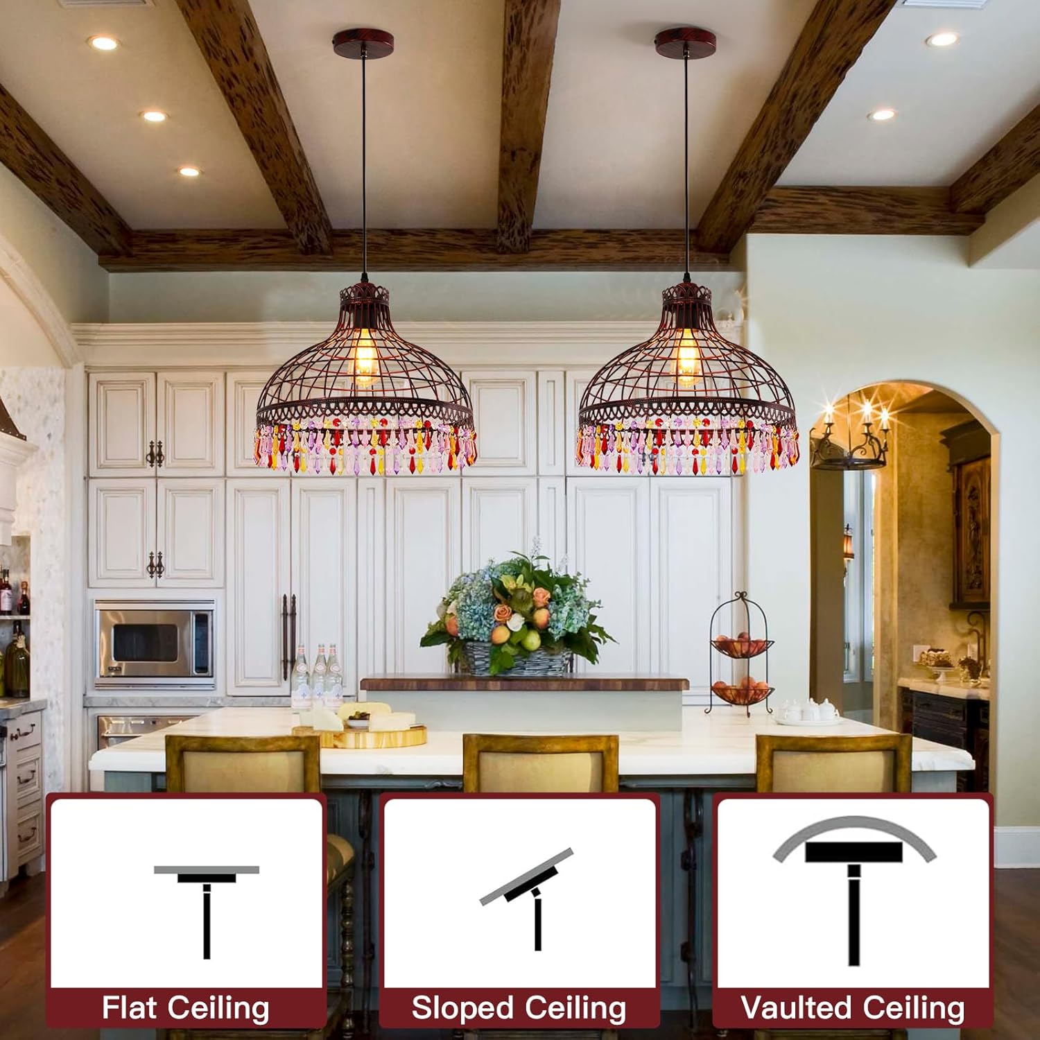 16-inch Wrought Iron Tiffany-Style Chandelier, Industrial Retro Wine-red Wrought Iron Lighting Fixture, Suitable for Kitchen Island, Game Room, Dining Room, bar Counter