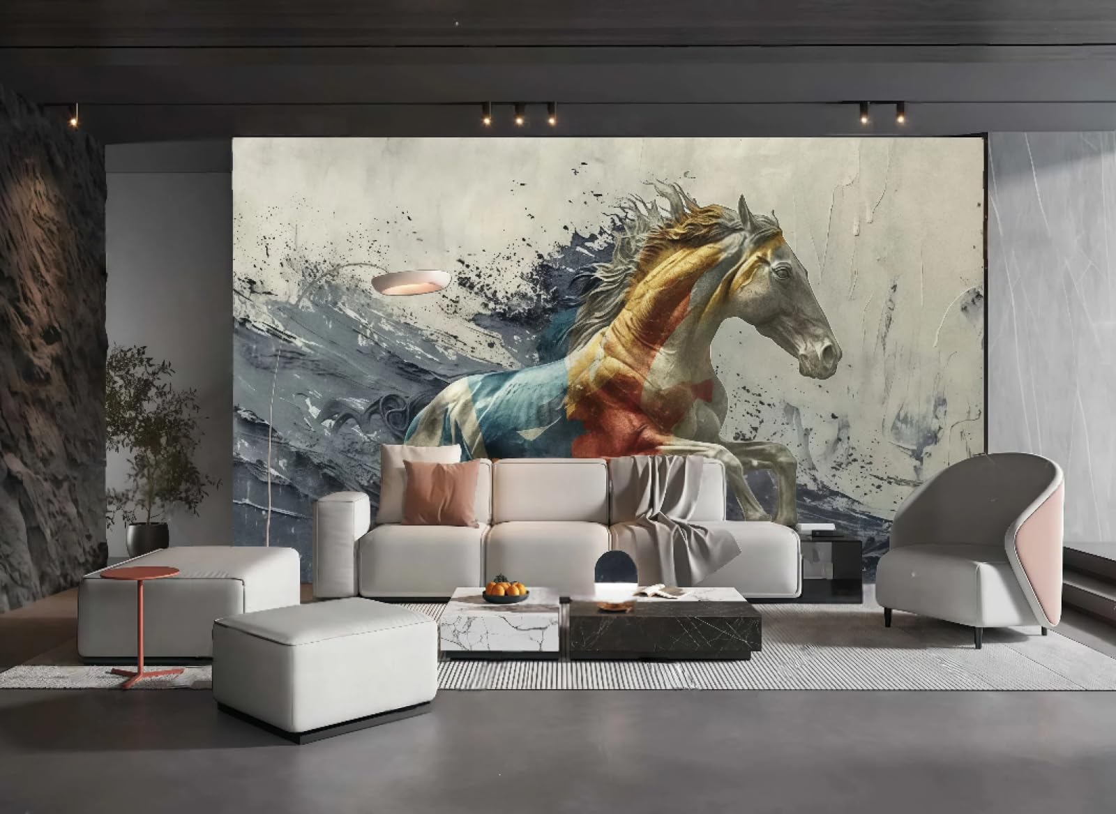 Papier peint ciment gris avec encre de cheval 3D de 350x245cm pour le salon