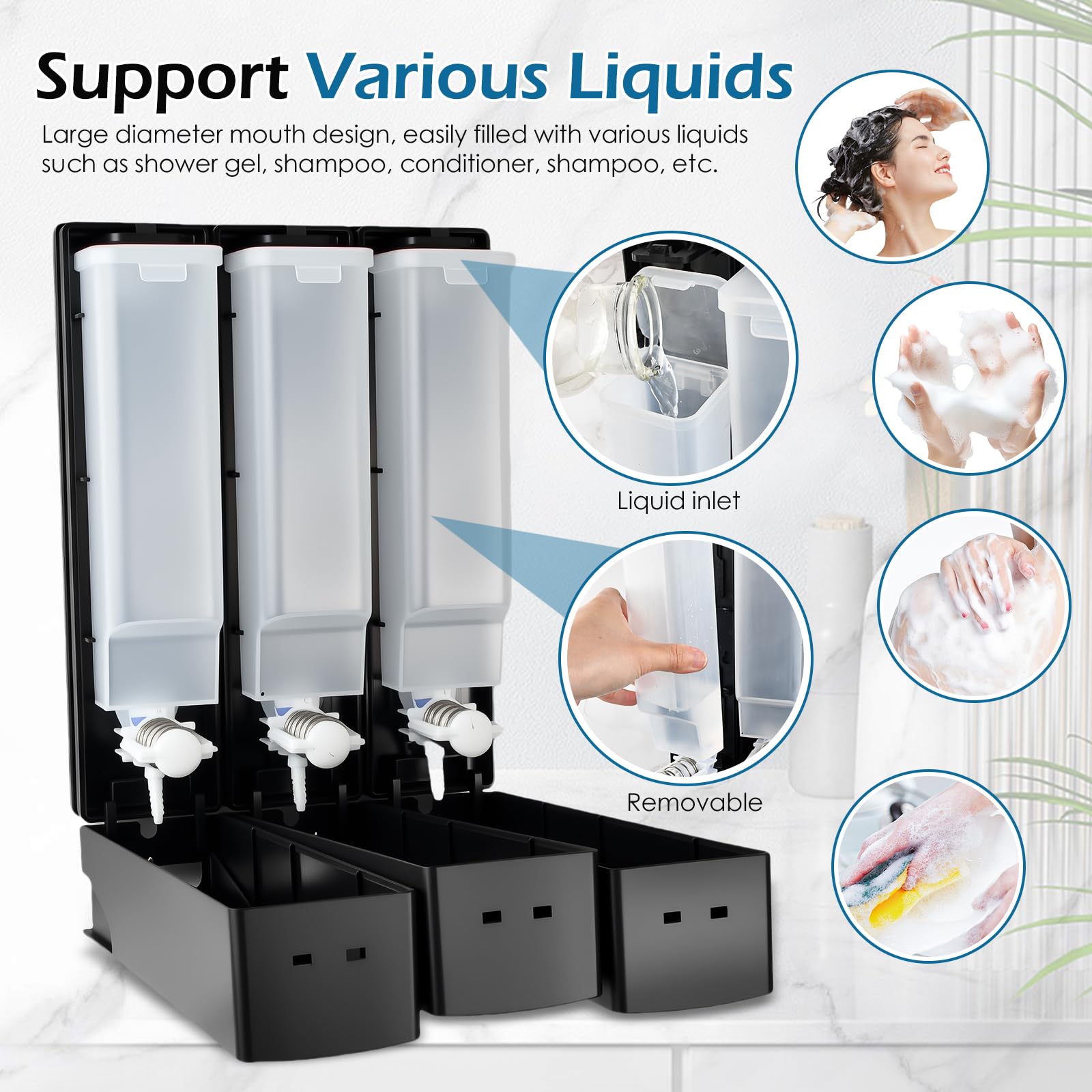Dispenser Doccia Muro, Dosatore Sapone Bagno a Parete 400ML, Dispenser Shampoo e Bagnoschiuma Adesivo, Senza Foratura per Gel Doccia Cucine Bagni, Nero (2 Camere)