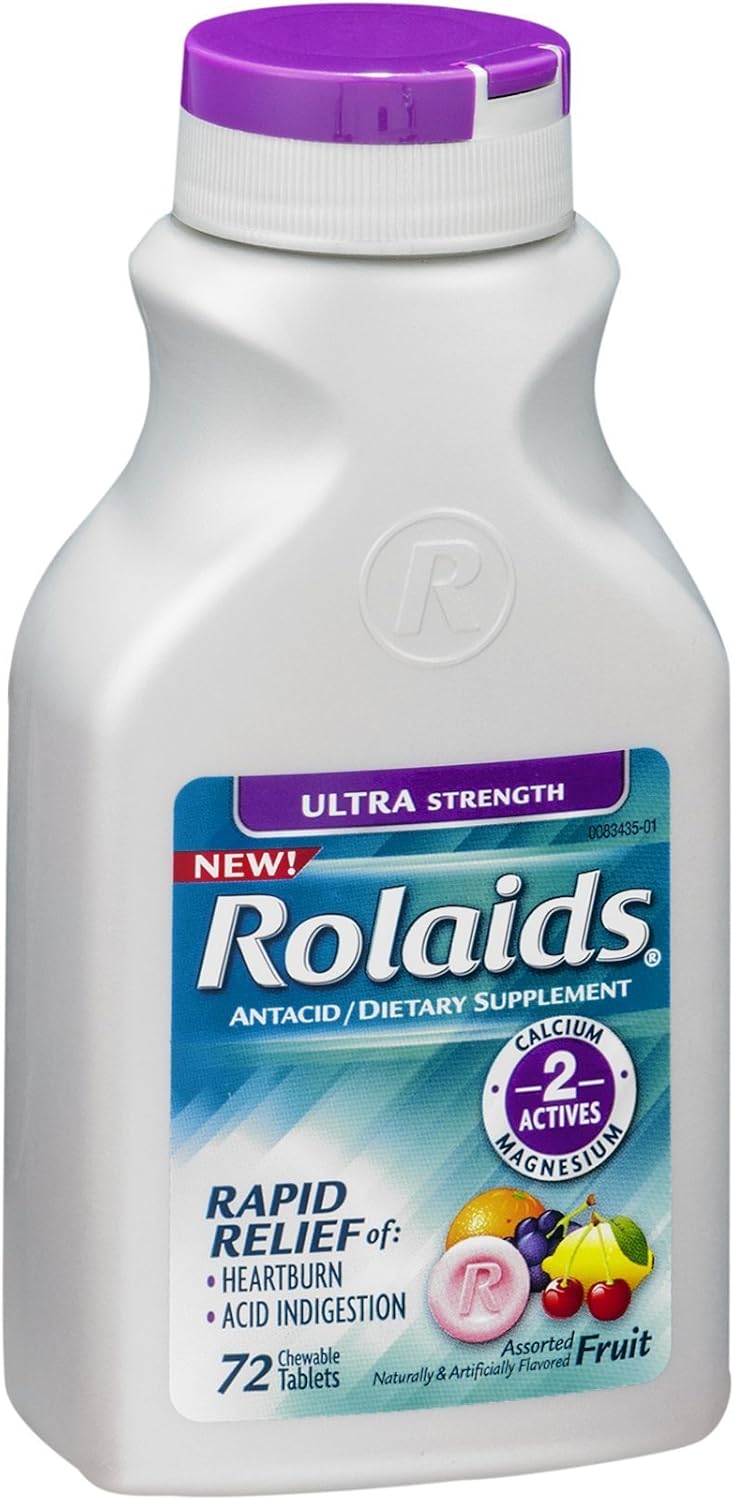 Rolaids Antacid Calcium & Magnesium Supplement Ultra Strength Tablets, Fruit 72 ea ( Pack of 3)