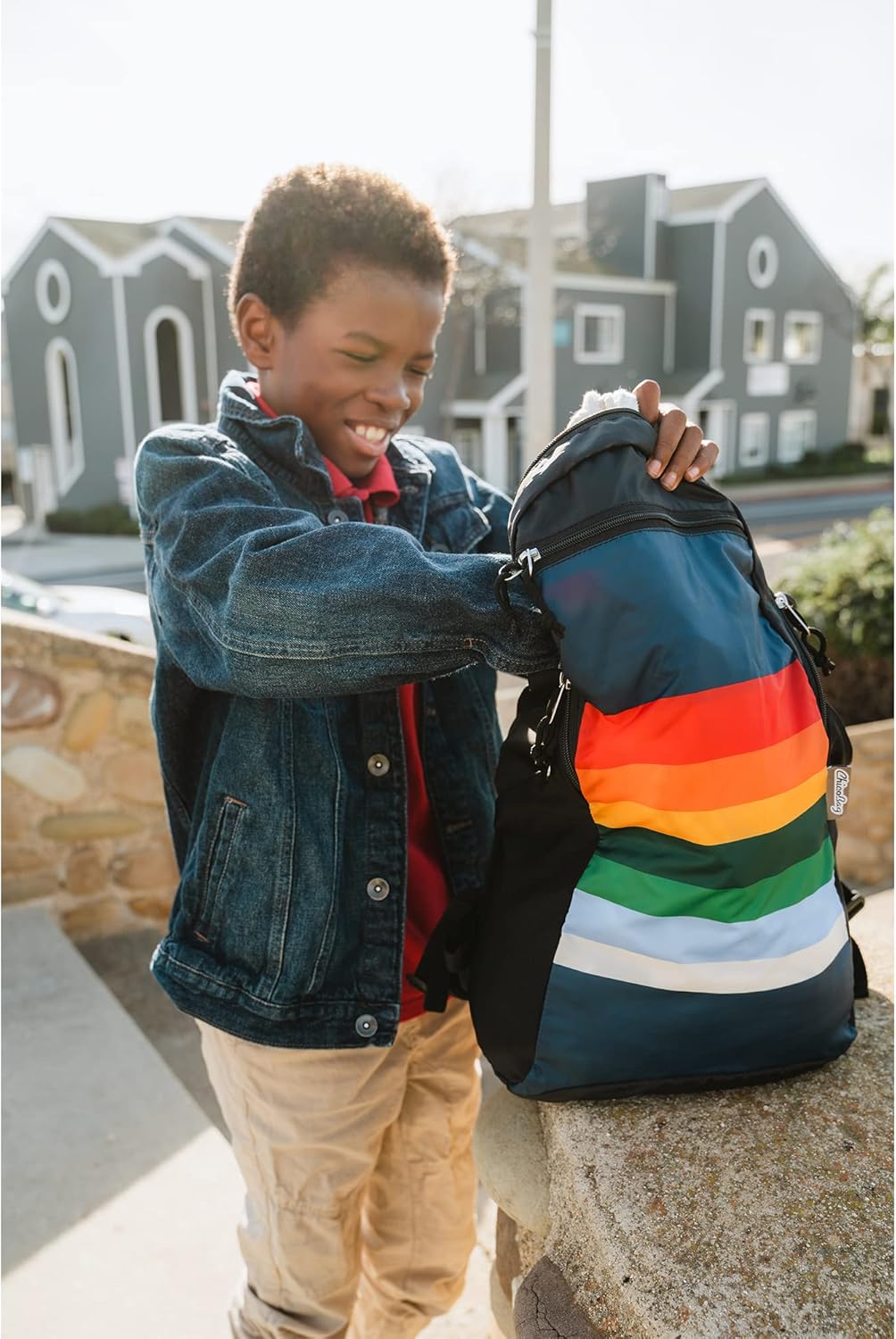 ChicoBag Travel Pack rePETe Recycled Backpack w/Built-In Pouch & Carabiner Clip | Perfect for Outdoor Activities | Eco-Conscious Packable Reusable Bookbag | Retro Stripe (Pack of 1)