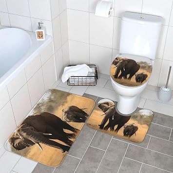 Bathroom Rugs Sets 3 Piece Walking Elephants Mother and Baby Bathroom Rug Non-Slip Bath Rugs for Bathroom Home Decor Bath Mat Set Washable Shower Rug for Bedroom Kitchen