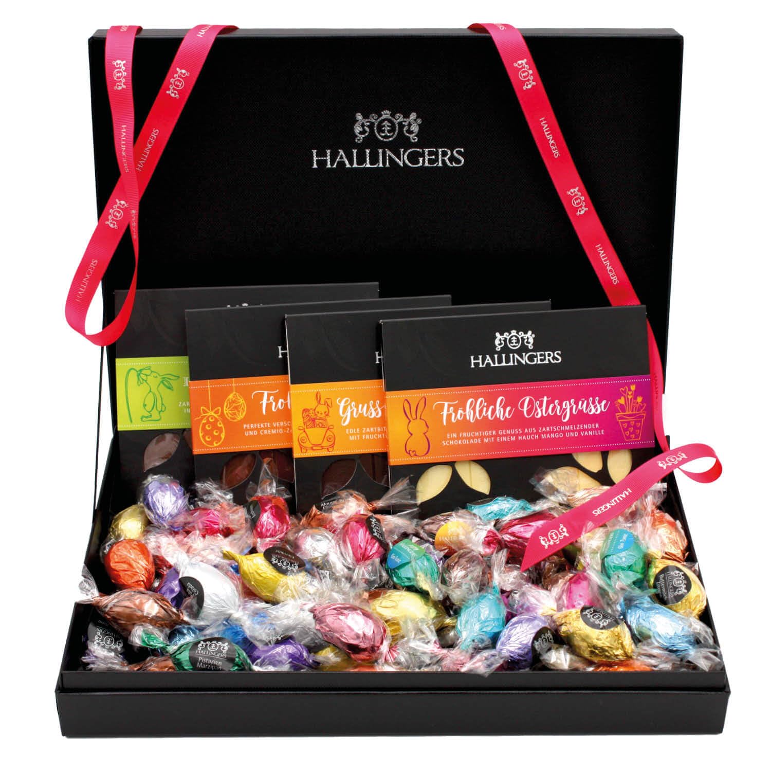 Hallingers Genuss Manufaktur Feinkost Oster-Geschenk-Set - XXL-Geschenkkorb "Easter Box pink" großes Osternest 4 Schokoladen-Tafeln & 40 Pralinen-Ostereier, Ostern Körbchen für Frauen Mädchen