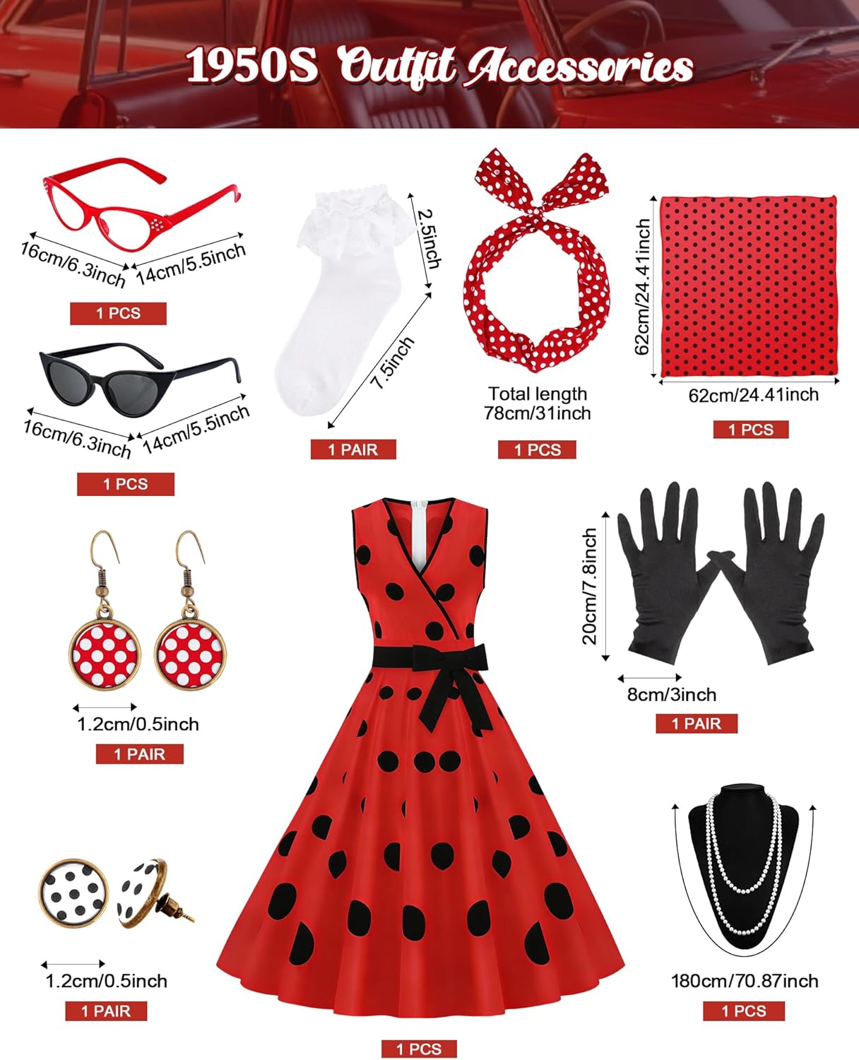 1950s Polka Dots Dress Women Sleeveless Vintage Dresses 50s Outfits Retro Accessories Sock Hop Party Costume - Image 2