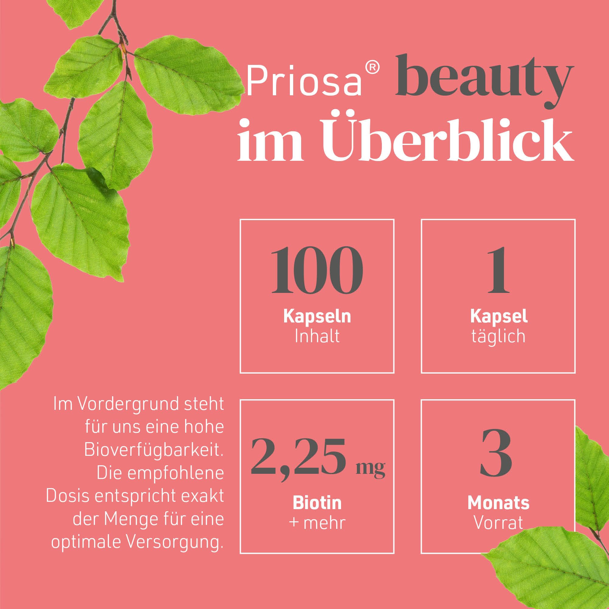 Priosa® BEAUTY 100 Kapseln I Nährstoff-Mix für Haut, Haare, Nägel & Knochen I Biotin, Q10, Zink, Kieselerde, Aminosäuren & Vitamine I Vegan